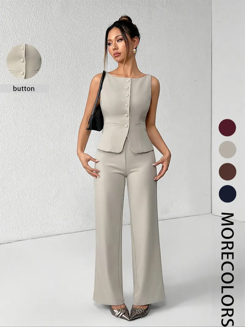 【Black Friday】Women's Solid Color Button Front Tank Top & Wide-Leg Pants Set, Casual Fashion Two-piece Set for Summer, Women's Clothing for Daily Wear, Office Siren Outfits, Elegant Suits