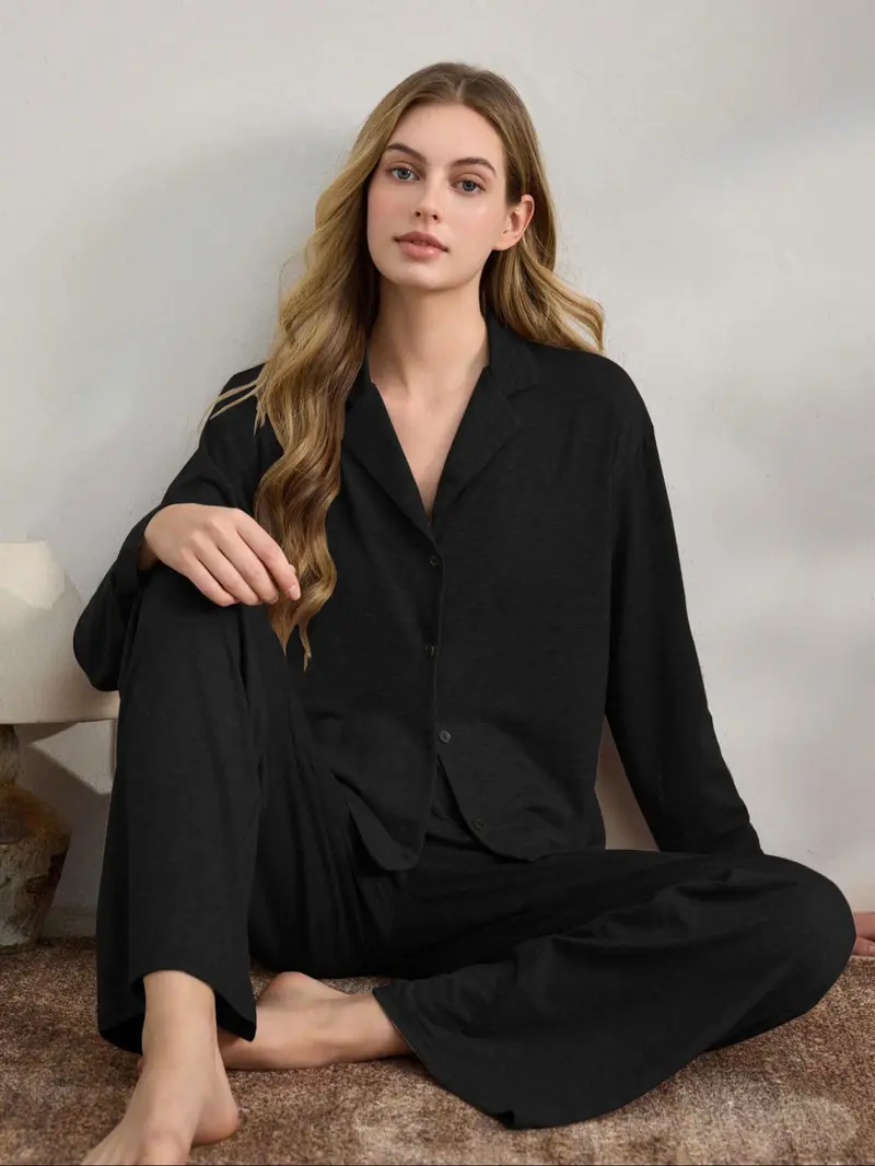 Women's Casual Fall Winter Pajama Set, Soft Skin-Friendly Fabric, Long Sleeve Lapel Design, Indoor Outdoor Wear, Two-Piece Sleepwear