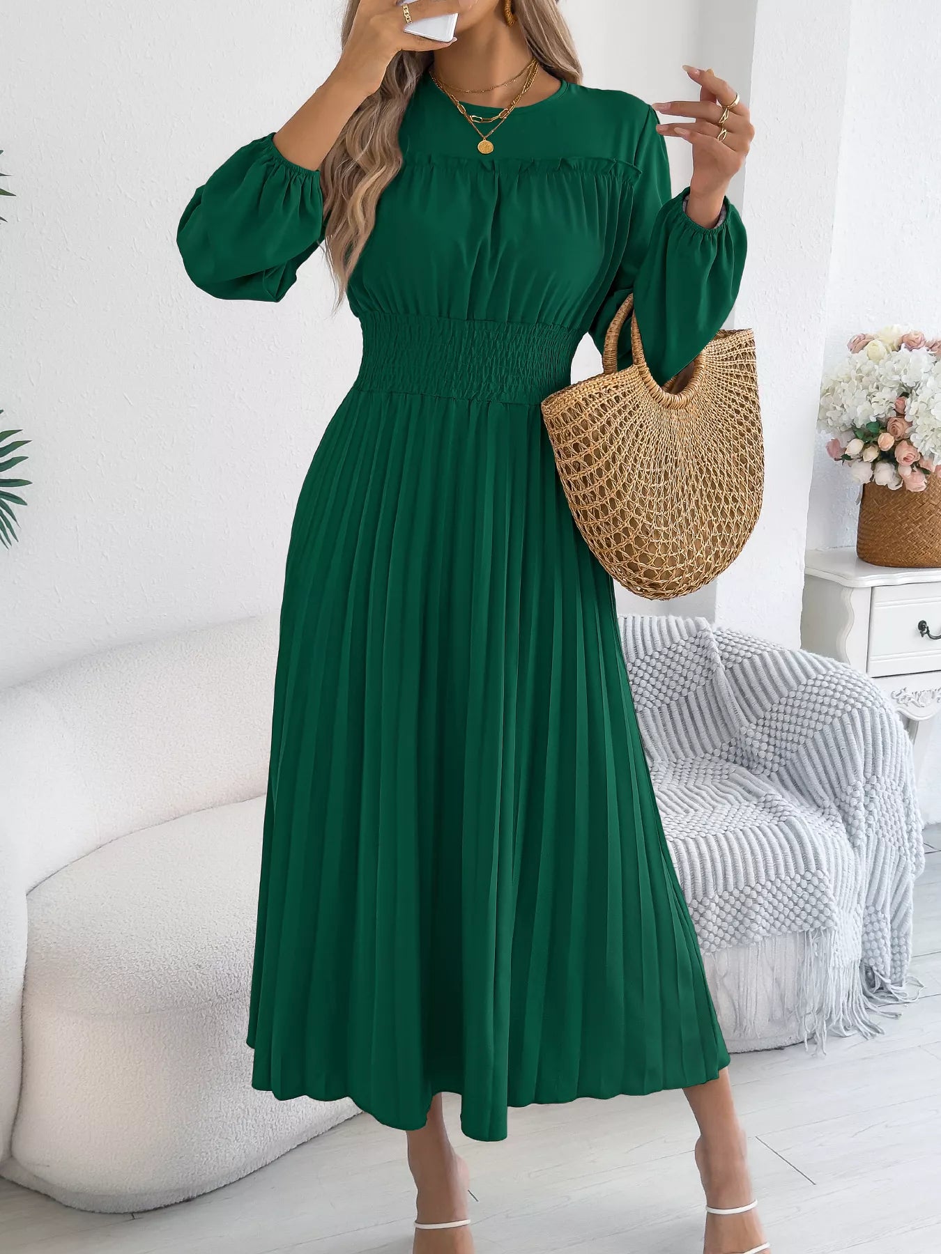 Pleated Waist-Defined Midi Dress | 3 Colors | Poundton-Tactilefable