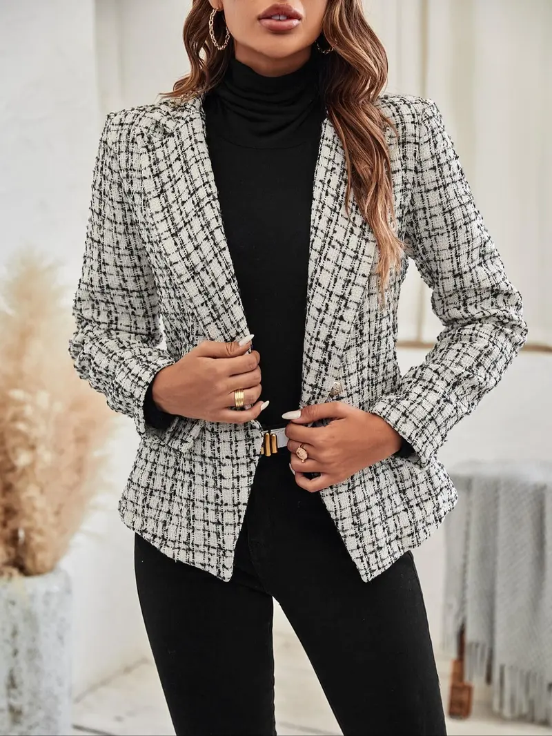 Women's Plaid Print Double Button Flap Detail Lapel Trendy Fashion Blazer, Casual Long Sleeve Outerwear for Fall & Winter, Ladies Clothes for Work Office Business, Elegant
