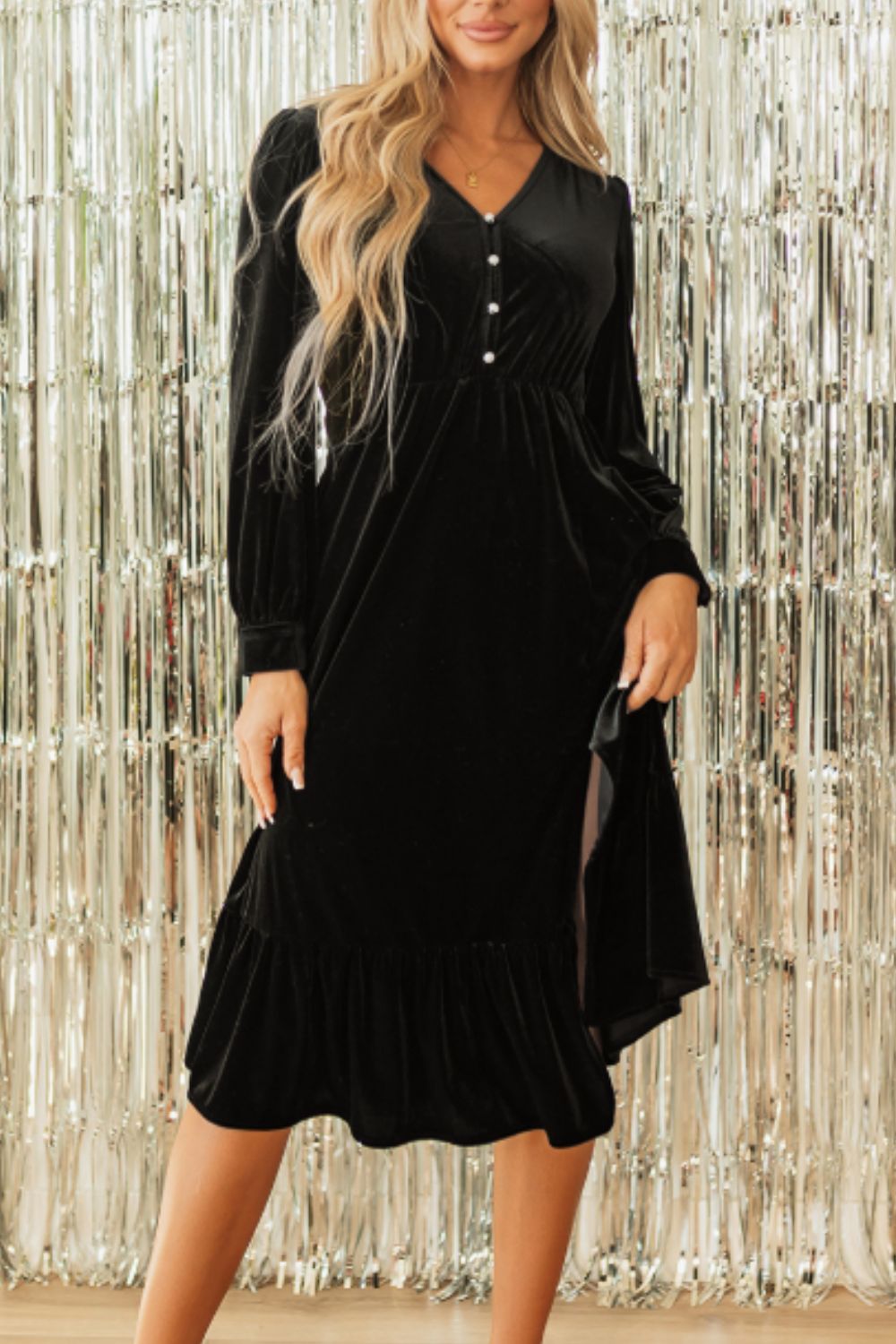 Ruffle Hem Slit V-Neck Long Sleeve Dress | 2 colors | Poundton-Tactilefable