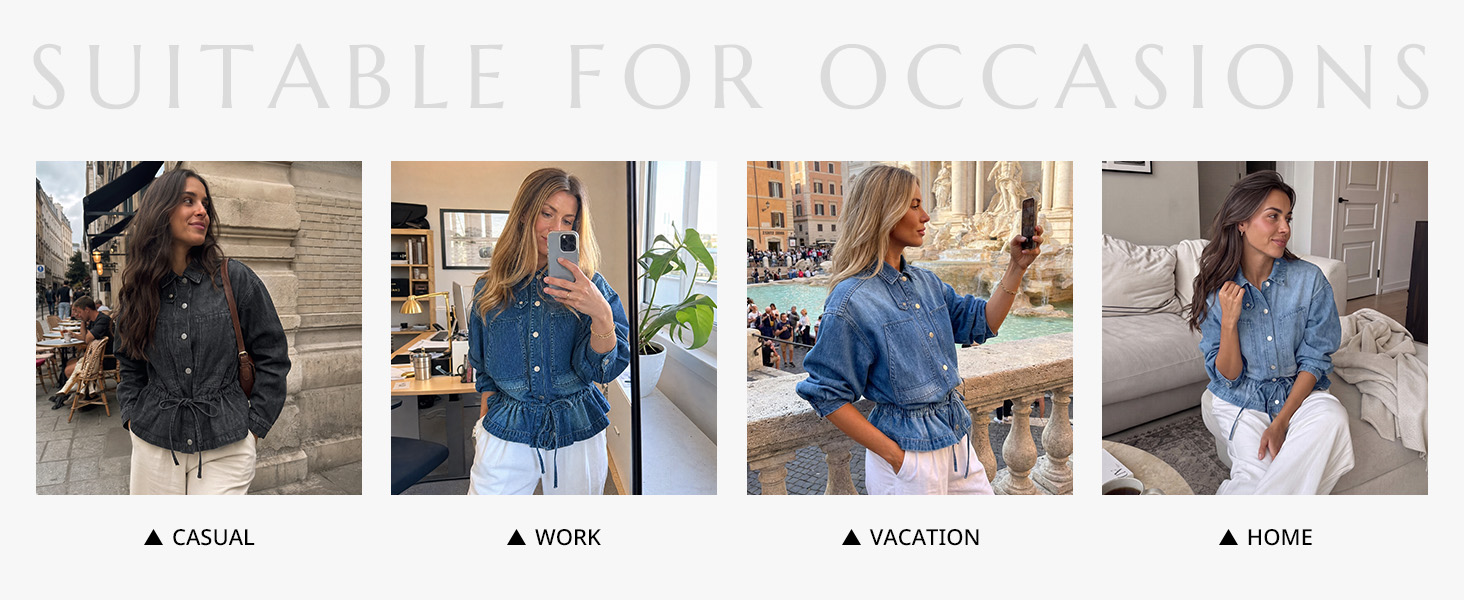 Jean jacket looks for casual, work, vacation, and home settings.
