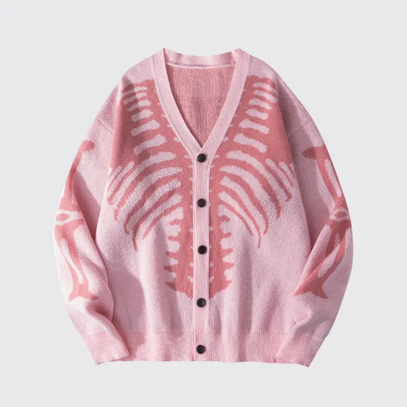 Women's Skeleton Print Knit Cardigan V-Neck Drop-Shoulder Sweater for Casual Wear-Tactilefable