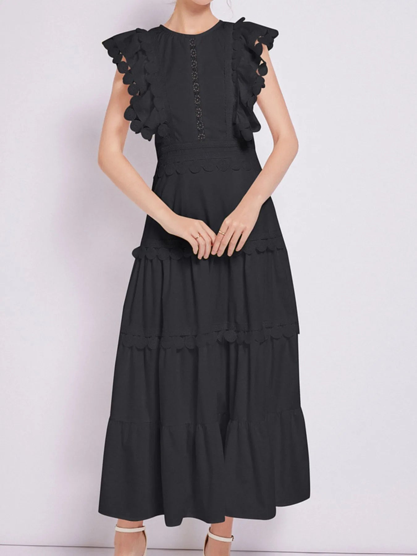Flutter Sleeve Tiered Maxi Dress with Embroidered Trim | 3 Colors-Tactilefable