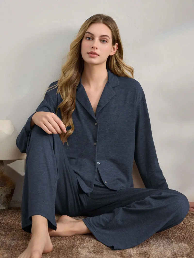 Women's Casual Fall Winter Pajama Set, Soft Skin-Friendly Fabric, Long Sleeve Lapel Design, Indoor Outdoor Wear, Two-Piece Sleepwear