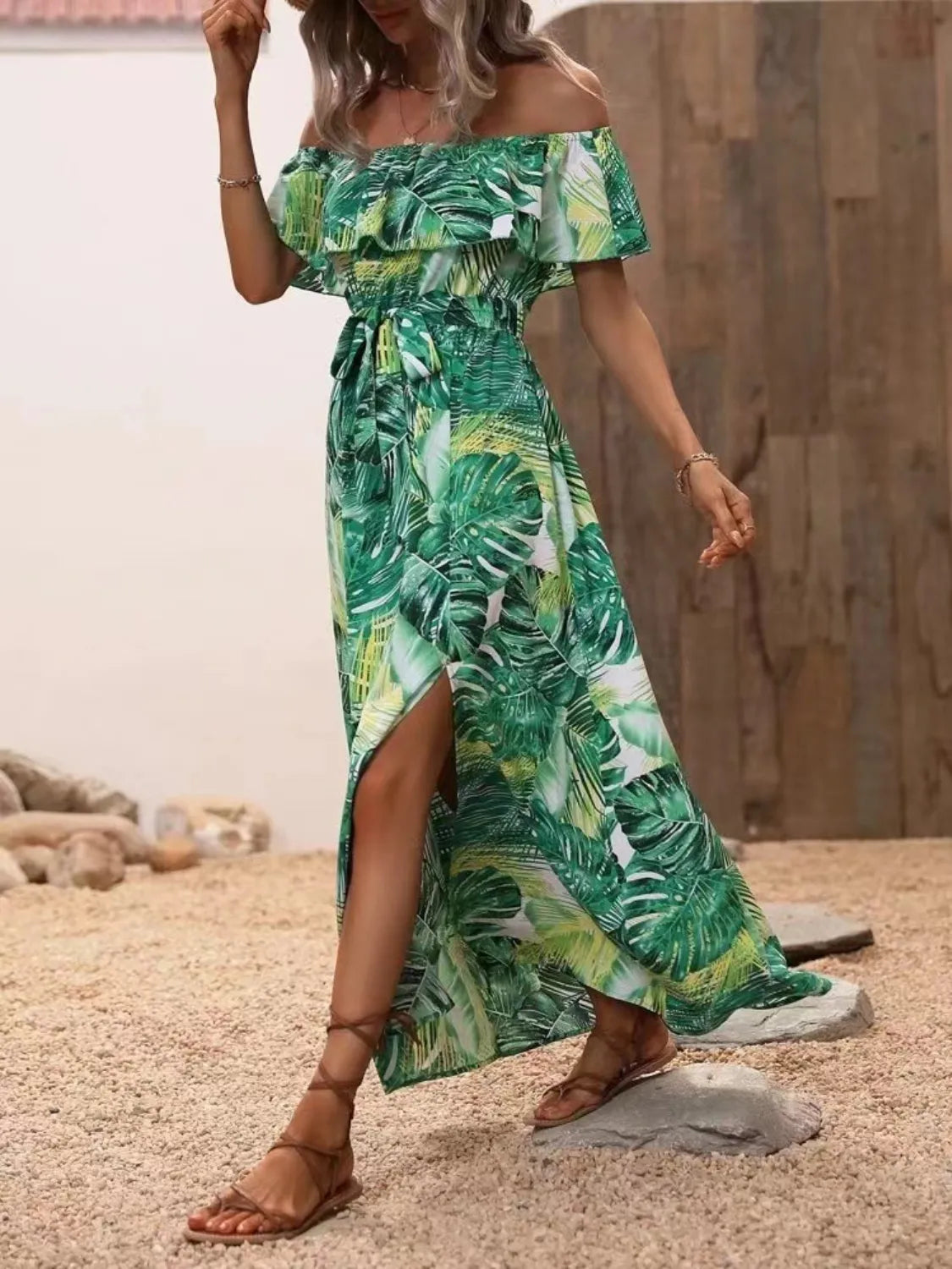 Moonlit Ruffled Printed Off Shoulder Maxi Dress | 4 colors | Poundton-Tactilefable