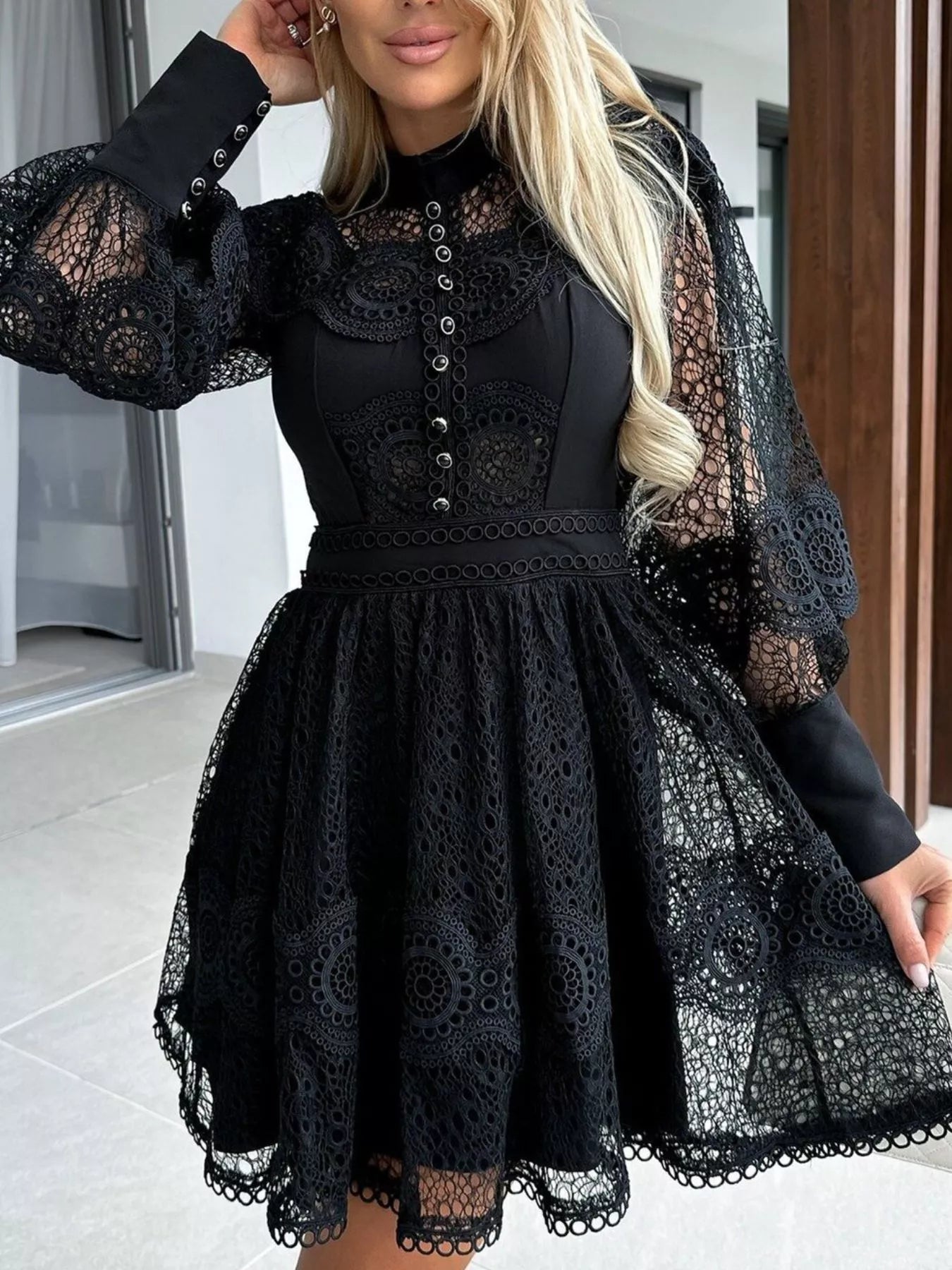 Althea Vintage Lace Lantern Sleeve Mini Dress | 2 Colors | Poundton-Tactilefable