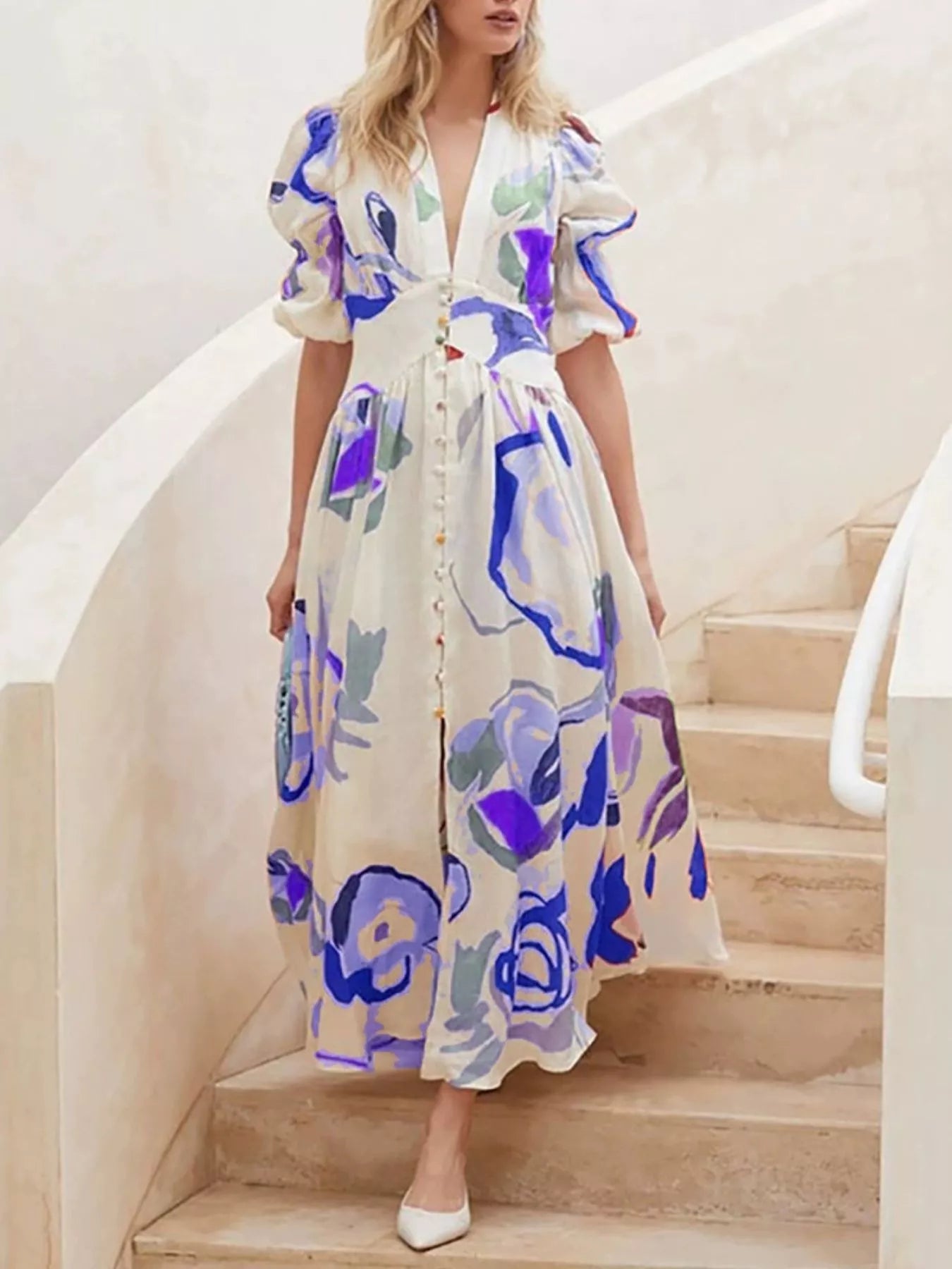 Genevieve Painted Print Puff Sleeve Maxi Dress | 5 Colors-Tactilefable
