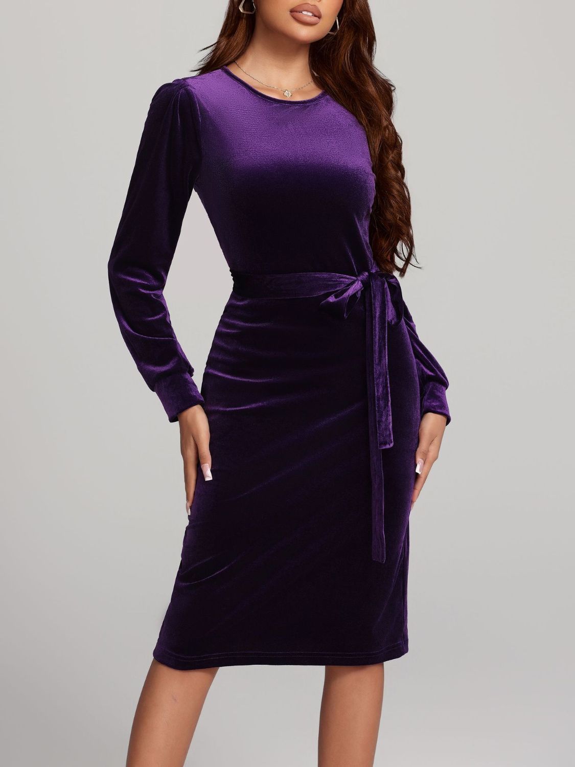 Round Neck Tie Waist Long Sleeve Velvet Dress | 4 Colors | Poundton-Tactilefable