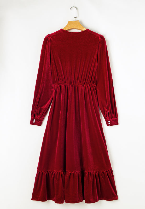 Ruffle Hem Slit V-Neck Long Sleeve Dress | 2 colors | Poundton-Tactilefable