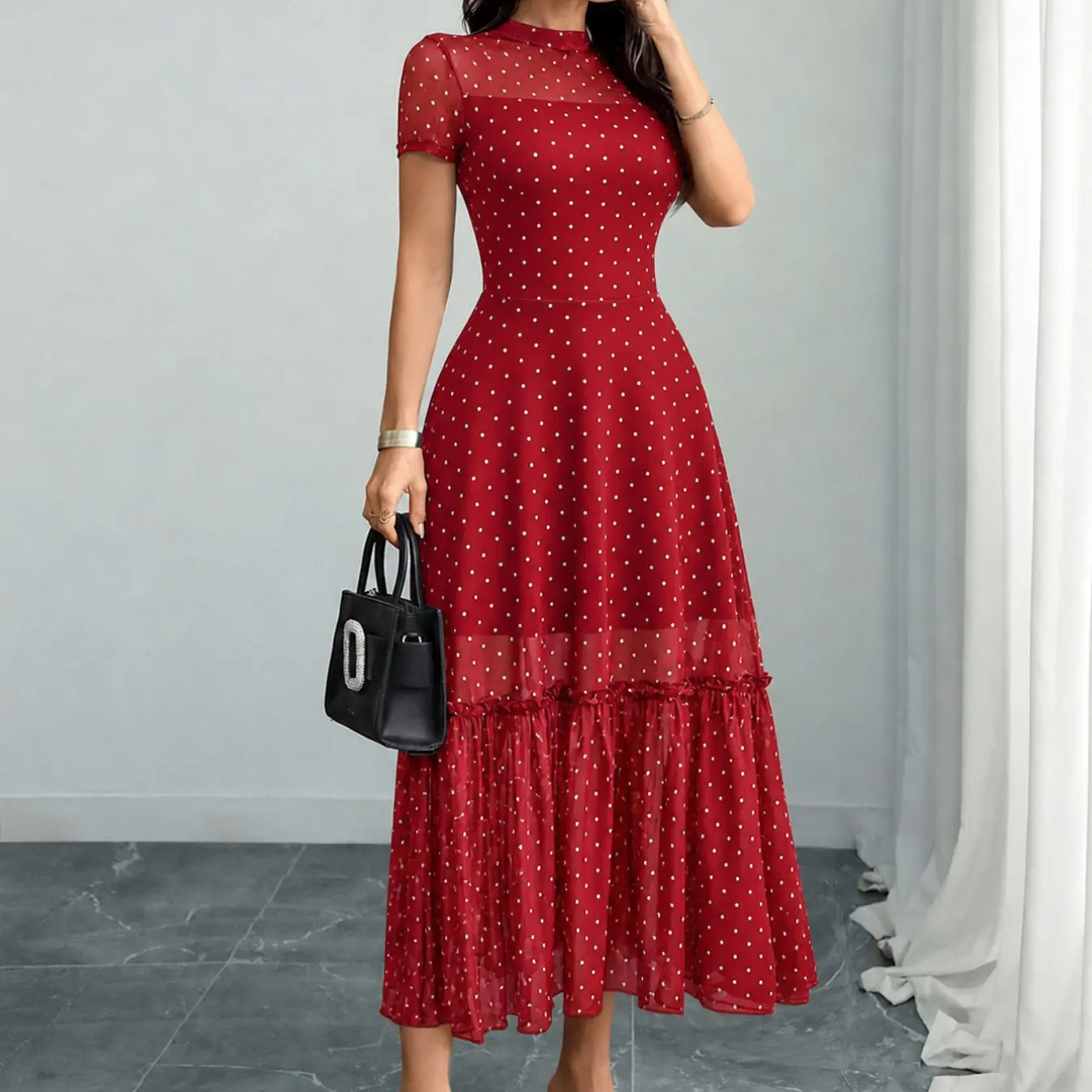 Vestido Midi de Malla con Estampado y Cuello Alto