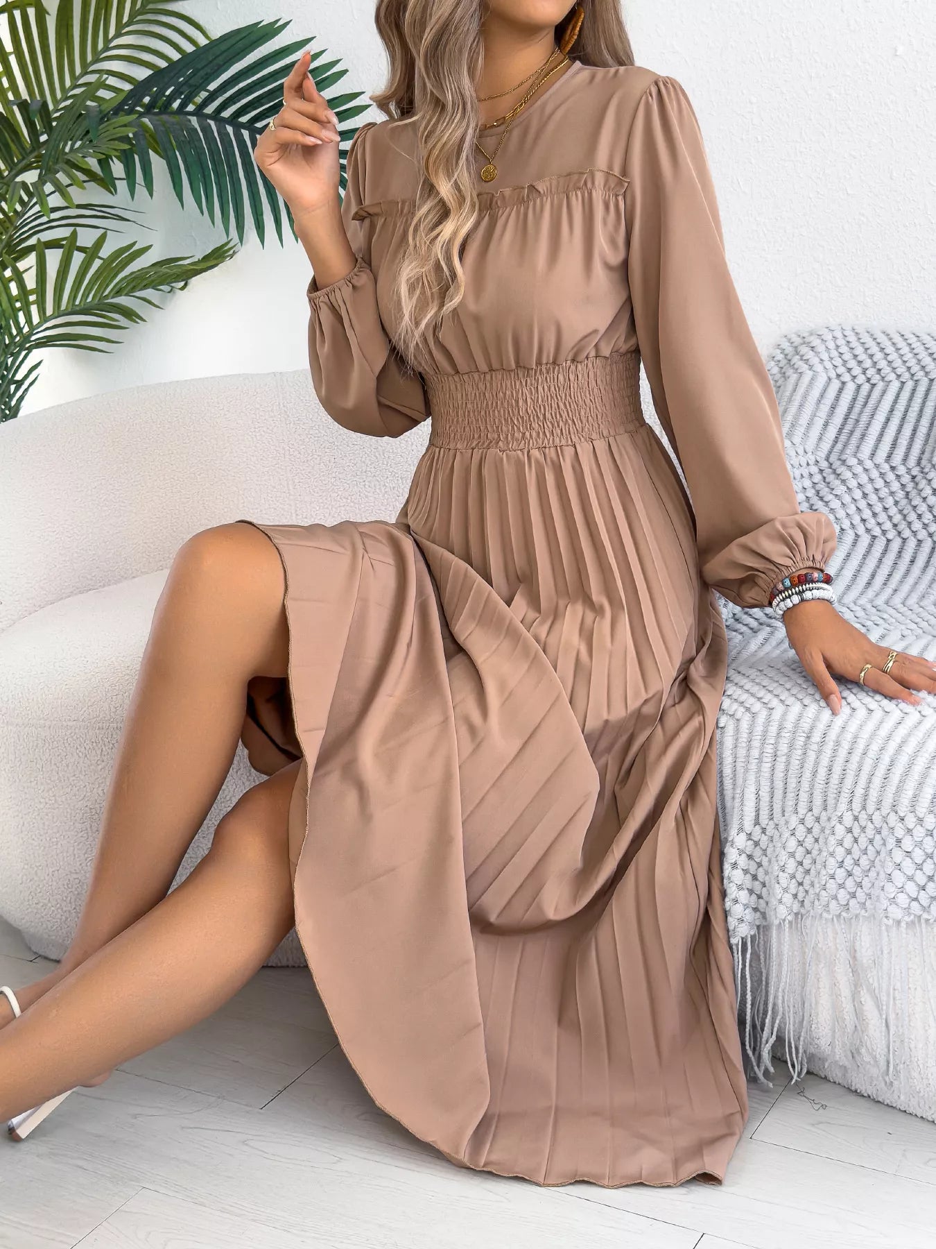 Pleated Waist-Defined Midi Dress | 3 Colors | Poundton-Tactilefable