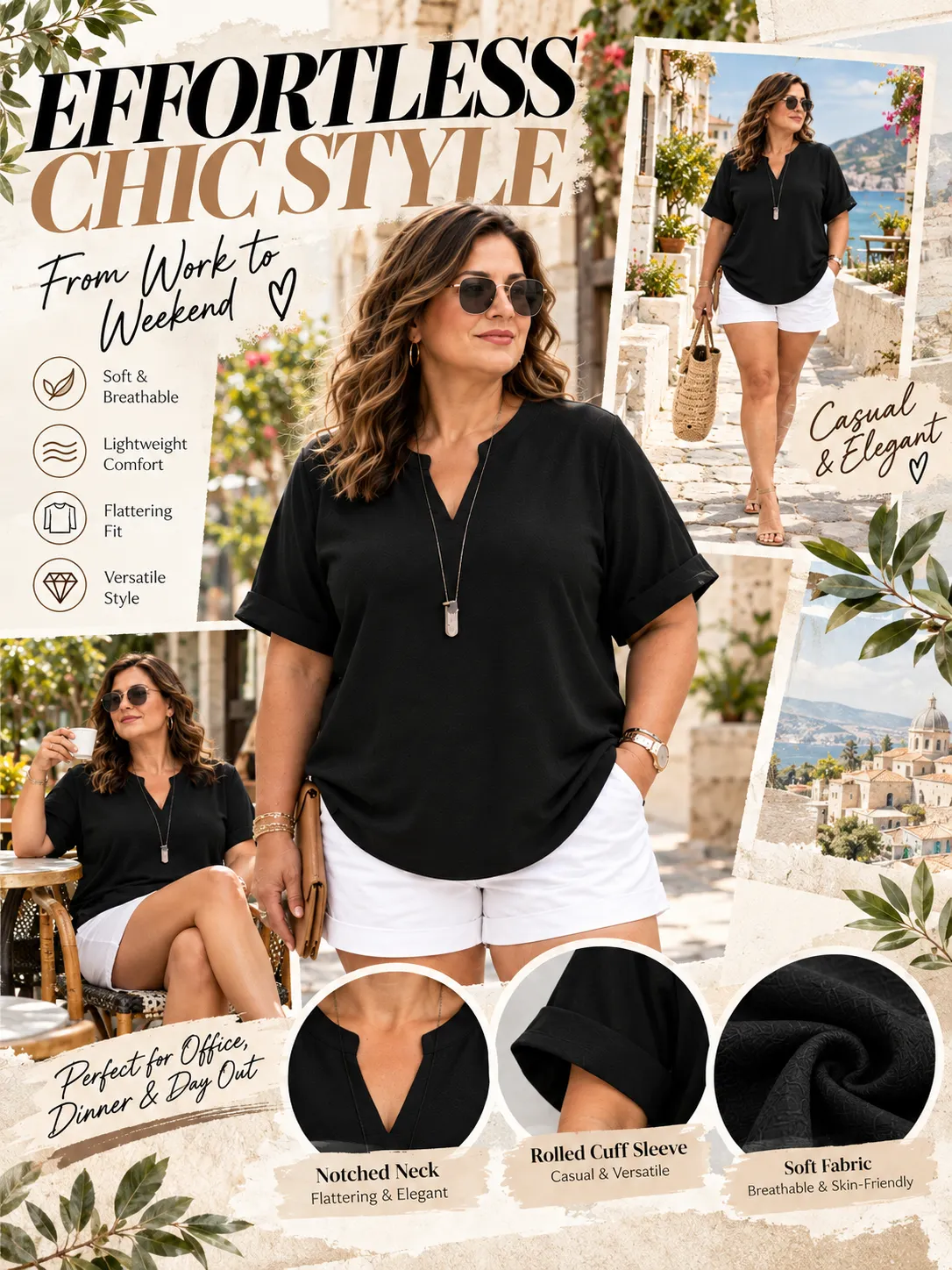 Notch Neck Rolled Cuff Blouse-Tactilefable