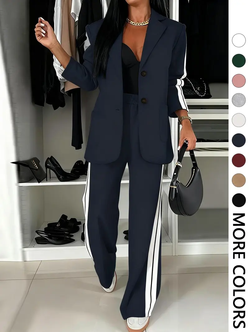 Women's Fall Winter Suit Set, Blazer + Wide Leg Striped Pants, Casual Daily Wear, Home & Outdoors Essential, Includes Pockets