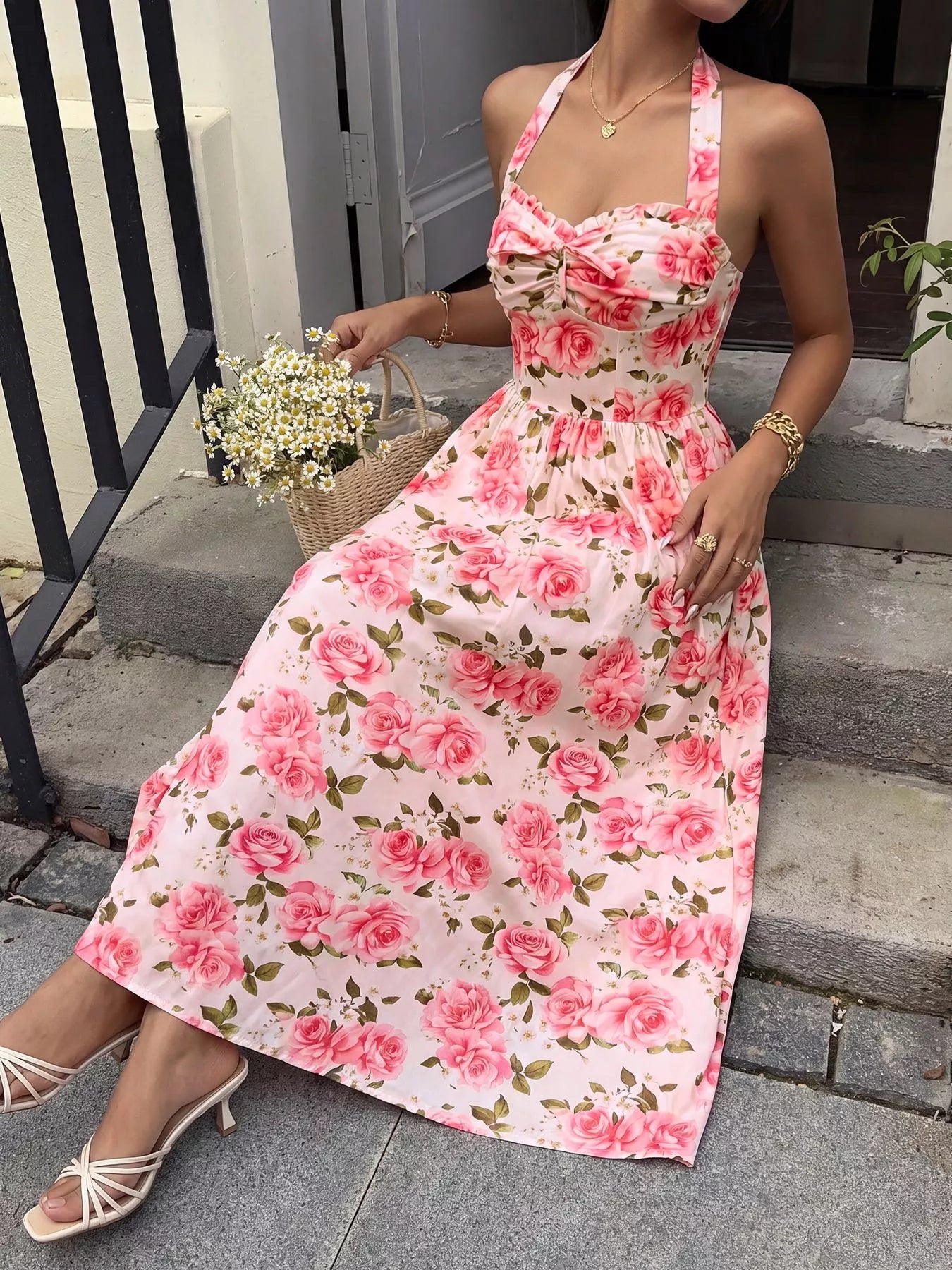 Floral Halter Midi Dress-Tactilefable