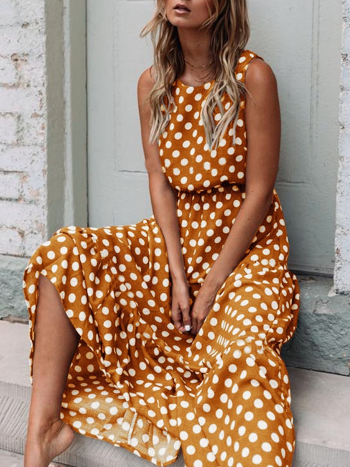 Grace Polka Dot Round Neck Sleeveless Midi Dress | 2 Colors-Tactilefable