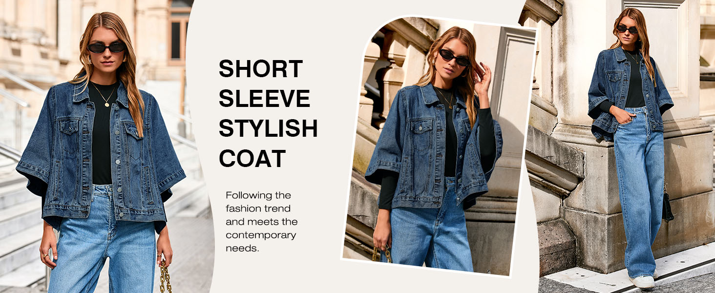 Womens Jean Jacket Oversized Cropped Short Sleeve Cotton Denim Jacket Fall Trendy Cape Outerwear