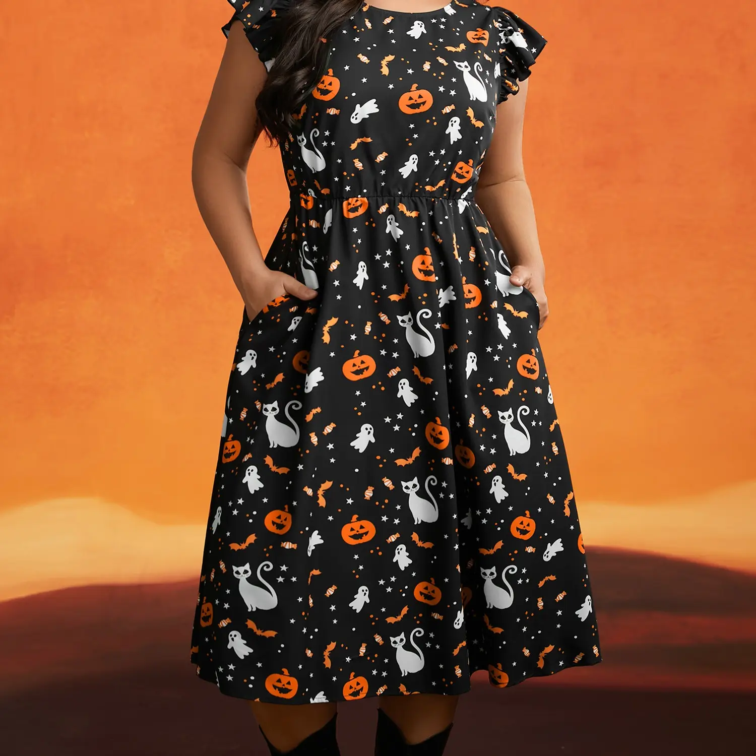 Pumpkin Printed Ruffle Sleeve Midi Dress for Women Casual Halloween-Tactilefable