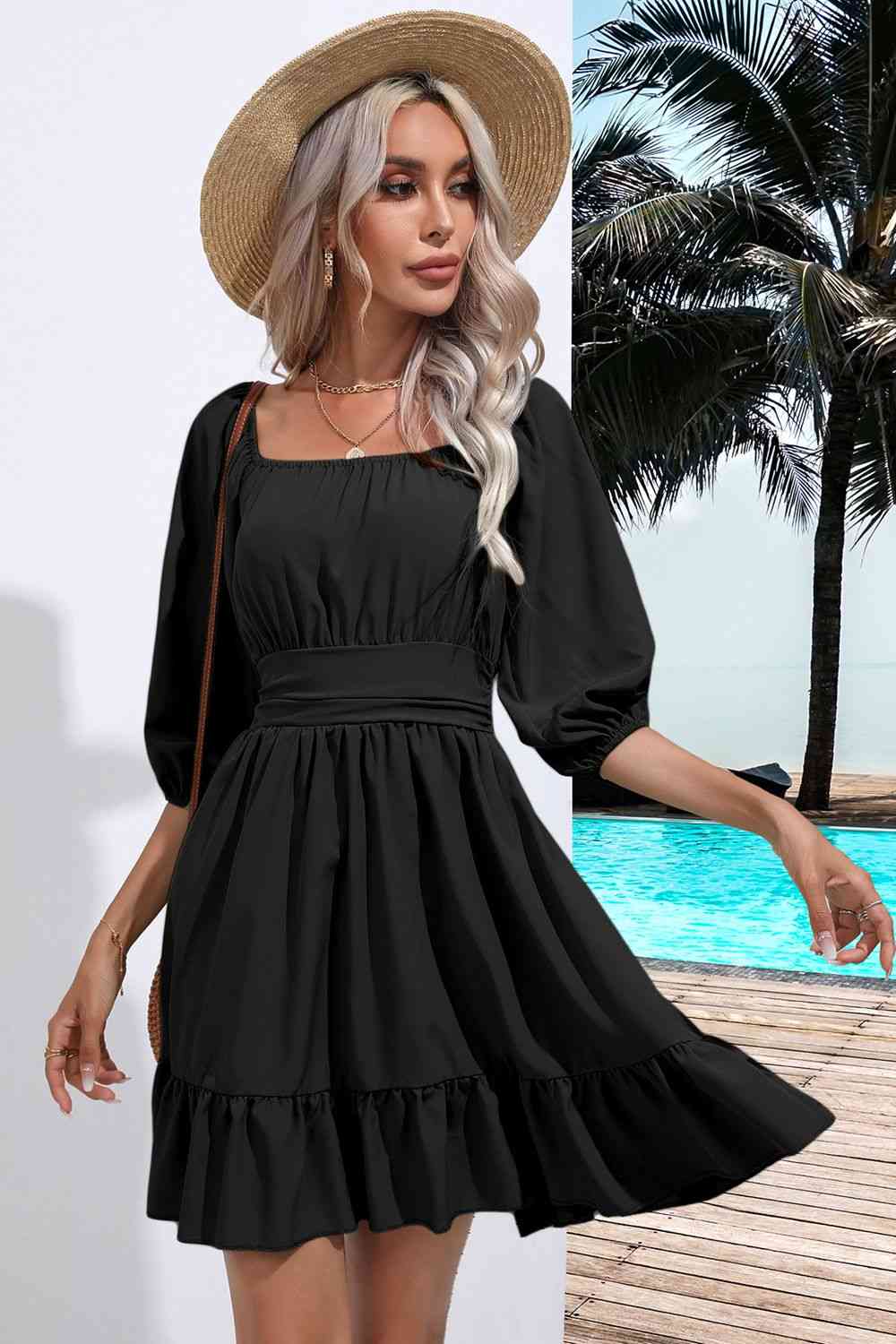 Sofia Square Neck Tie Back Ruffle Hem Mini Peasant Dress | 5 Colors | Poundton-Tactilefable