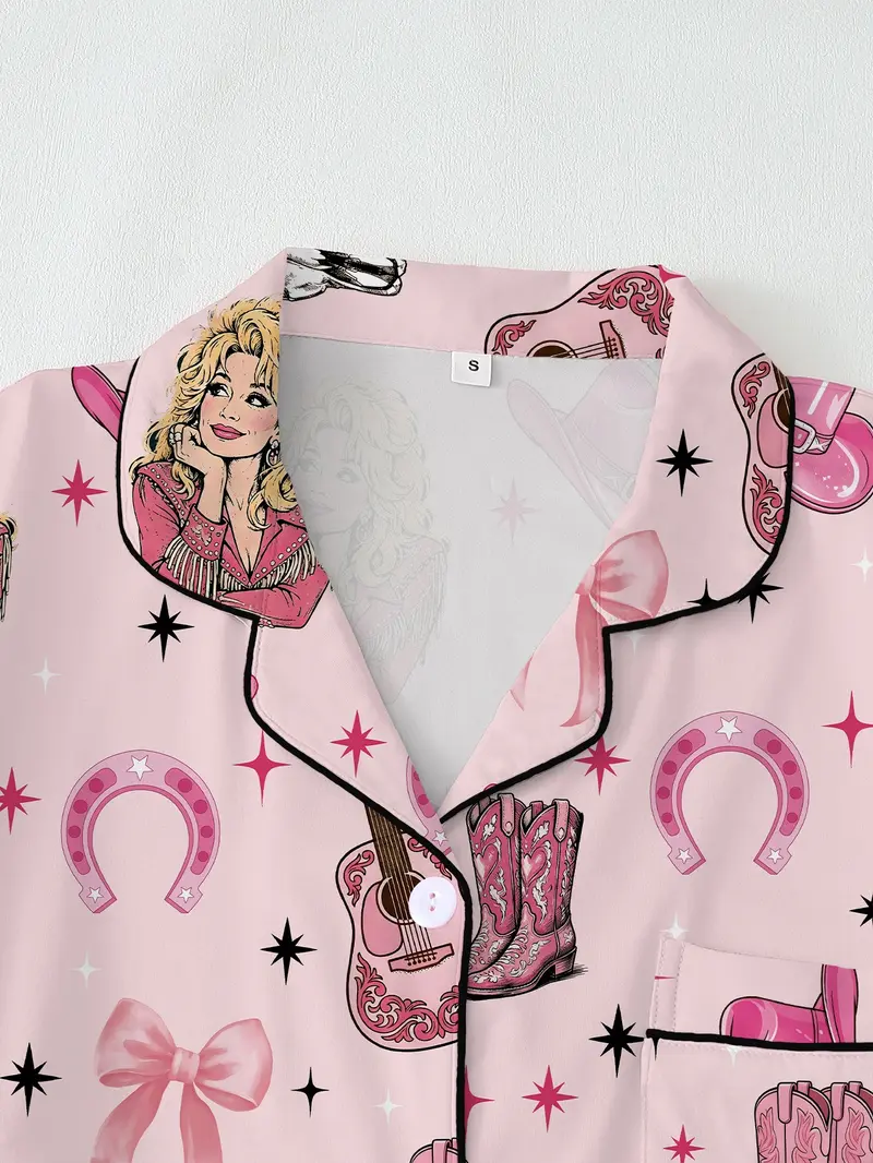 Country Music Guitar Print Cowgirl 2-Piece Pajama Set, Comfortable Knit Long Sleeve Button Front Homewear, Fall & Winter Loungewear Country Music Guitar Print Cowgirl 2-Piece Pajama Set, Comfortable Knit Long Sleeve Button Front Homewear, Fall & Winter Loungewear