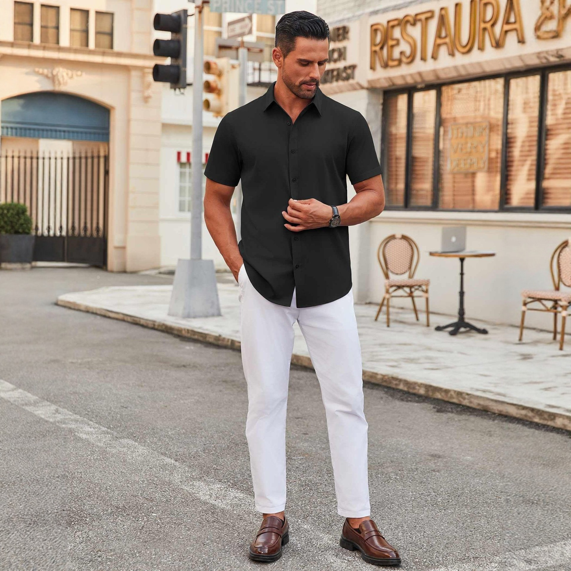 Men's short-sleeved stretch shirt, casual button-down shirt-Tactilefable