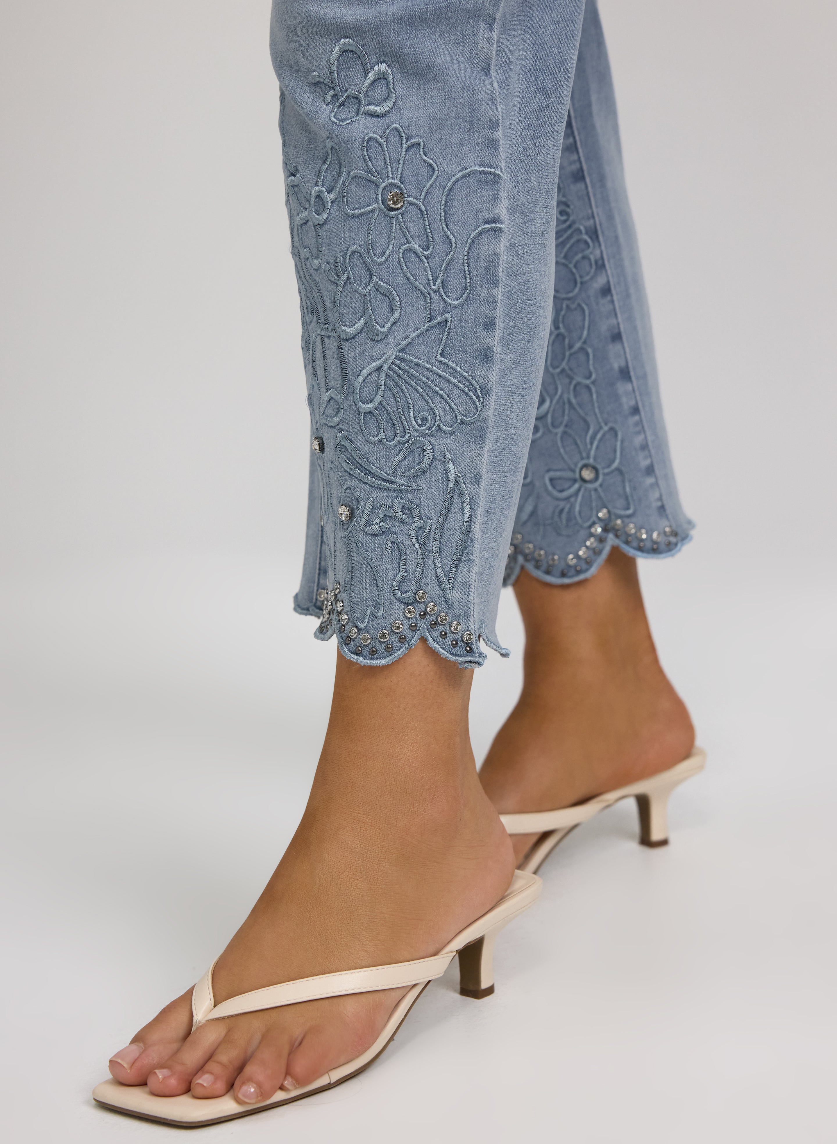 Embroidered Scalloped Hem Jeans-Tactilefable