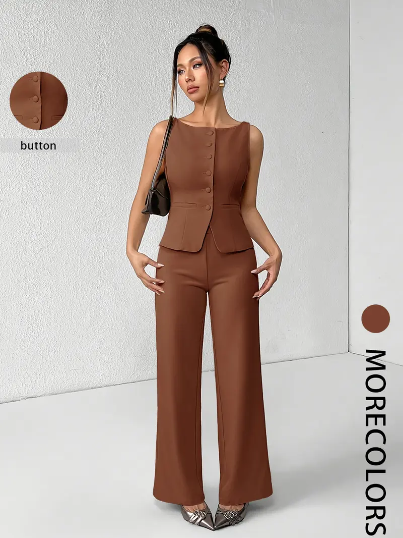 【Black Friday】Women's Solid Color Button Front Tank Top & Wide-Leg Pants Set, Casual Fashion Two-piece Set for Summer, Women's Clothing for Daily Wear, Office Siren Outfits, Elegant Suits