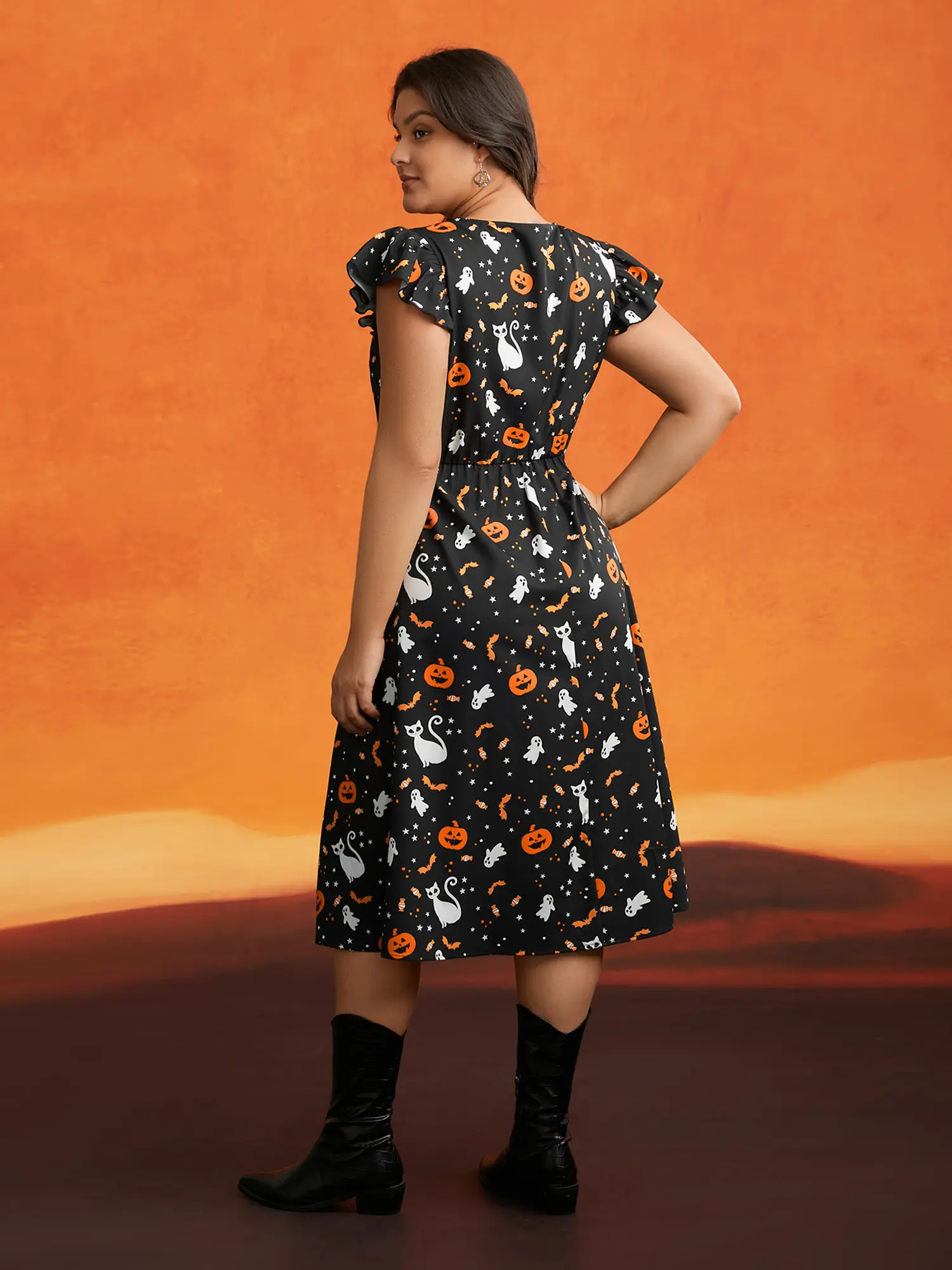 Pumpkin Printed Ruffle Sleeve Midi Dress for Women Casual Halloween-Tactilefable