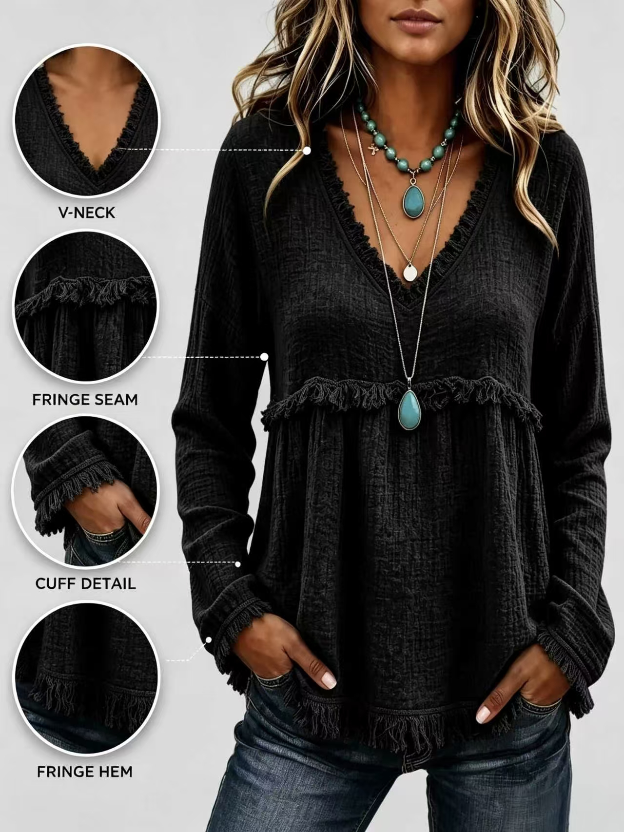 Women’s Boho V-Neck Long Sleeve Fringe Babydoll Blouse, Casual Loose Textured Tunic Shirt with Flowy Tassel Hem, Fall Tops, Plus Size Shirts, Boho Clothes.-TACTILEFABLE
