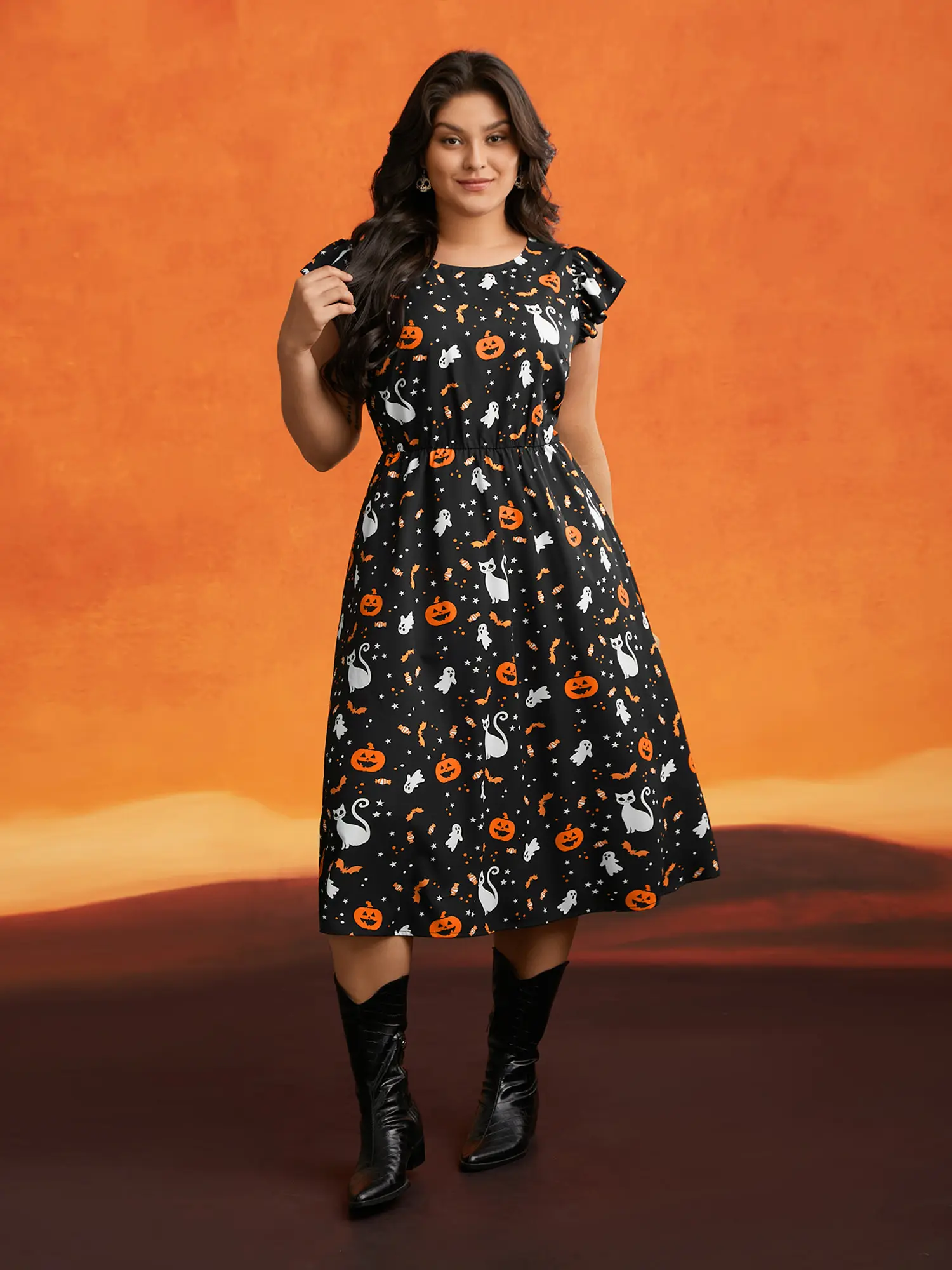 Pumpkin Printed Ruffle Sleeve Midi Dress for Women Casual Halloween-Tactilefable