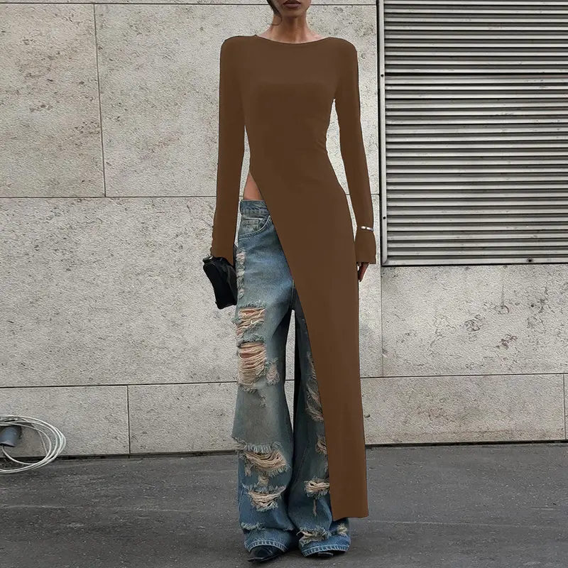 Women's Plain Asymmetrical Split Hem Slit Design Boat Neck Dress, Casual Long Sleeve Dress for Spring & Fall, Women's Clothing for Daily Wear Women's Plain Asymmetrical Split Hem Slit Design Boat Neck Dress, Casual Long Sleeve Dress for Spring & Fall, Women's Clothing for Daily Wear