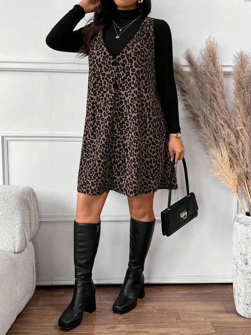 Women's High Neck Inner Layer + Leopard Print Strap Skirt Set, Casual Daily Spring Autumn Commuter, Two-Piece Ensemble, Top And Skirt Set