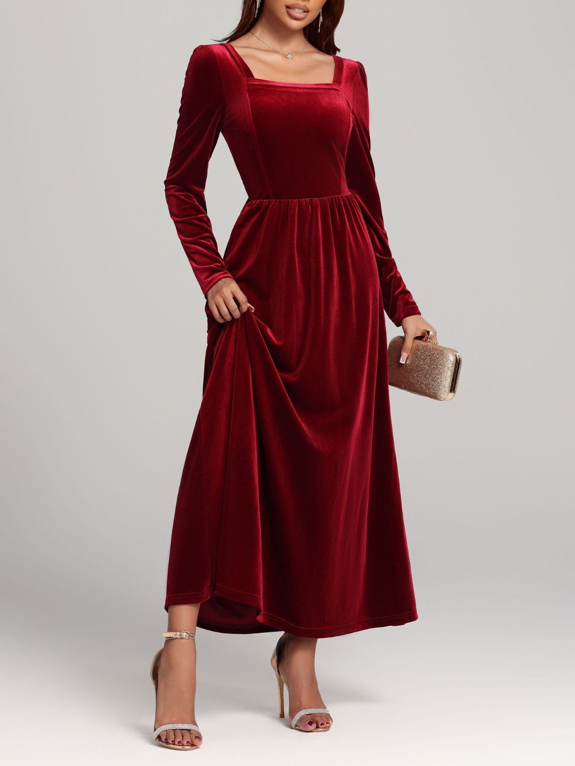 Faerie Velvet Square Neck Long Sleeve Dress | 4 Colors | Poundton-Tactilefable