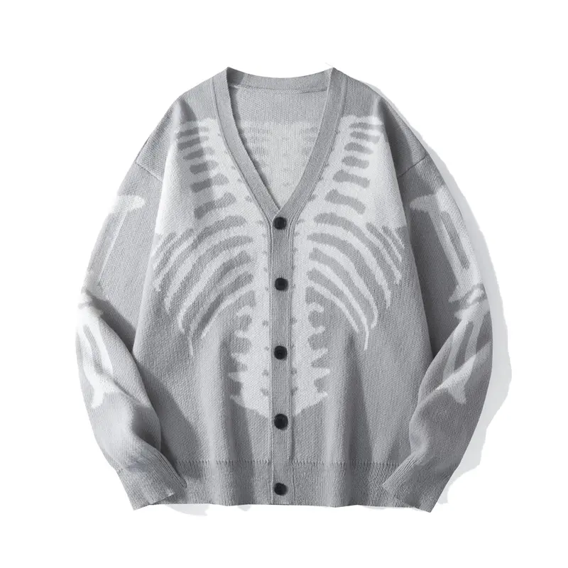 Women's Skeleton Print Knit Cardigan V-Neck Drop-Shoulder Sweater for Casual Wear-Tactilefable