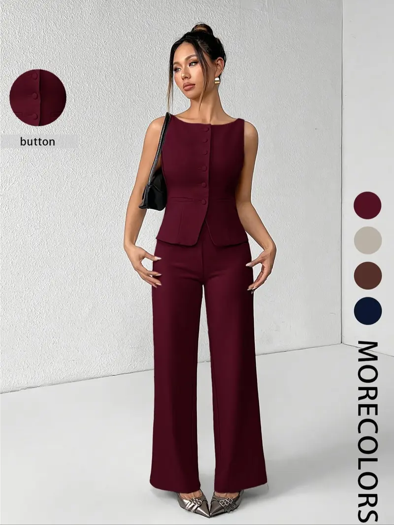 【Black Friday】Women's Solid Color Button Front Tank Top & Wide-Leg Pants Set, Casual Fashion Two-piece Set for Summer, Women's Clothing for Daily Wear, Office Siren Outfits, Elegant Suits