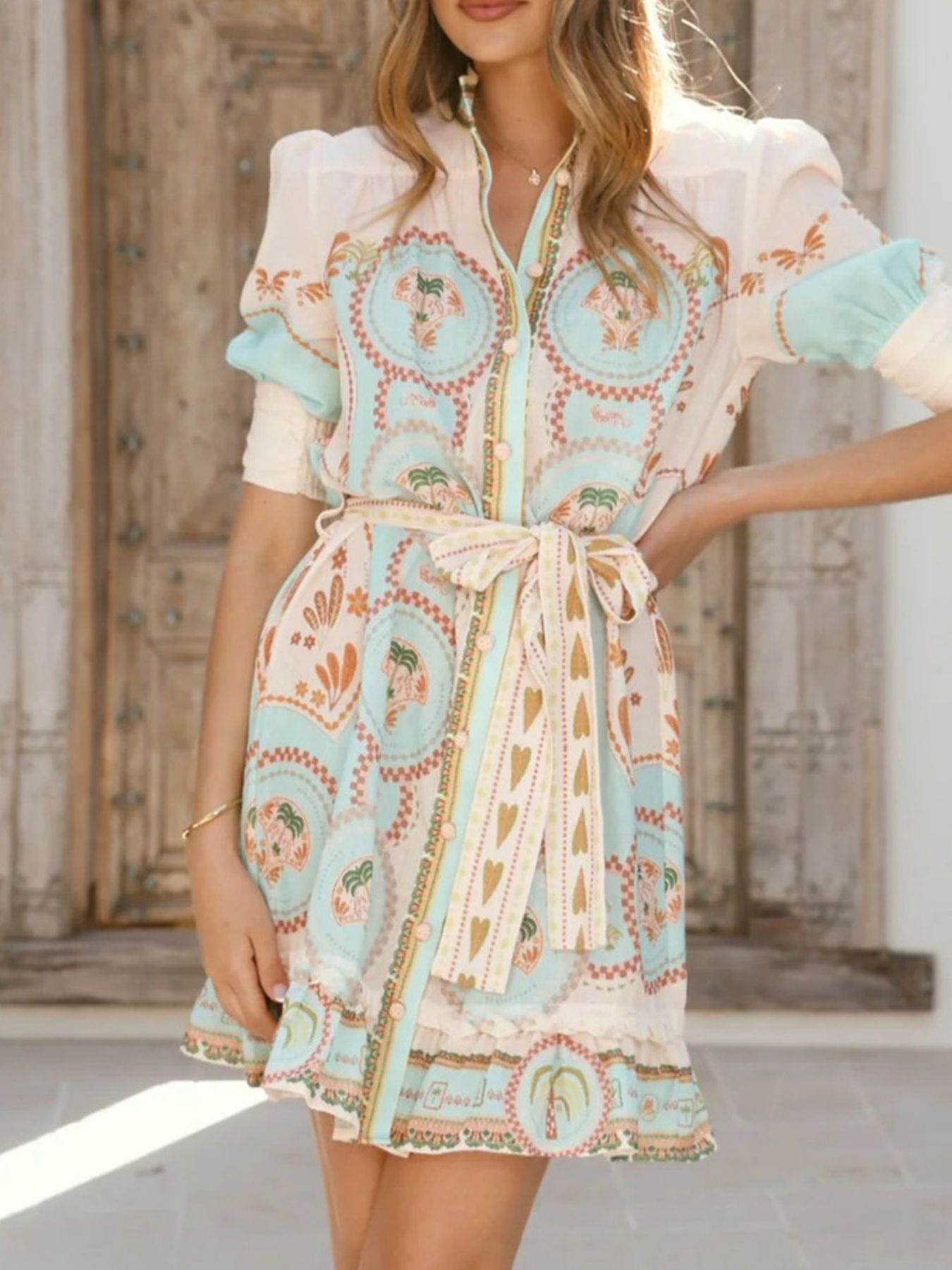 Boho Print Tie-Front Mini Dress | Poundton-Tactilefable