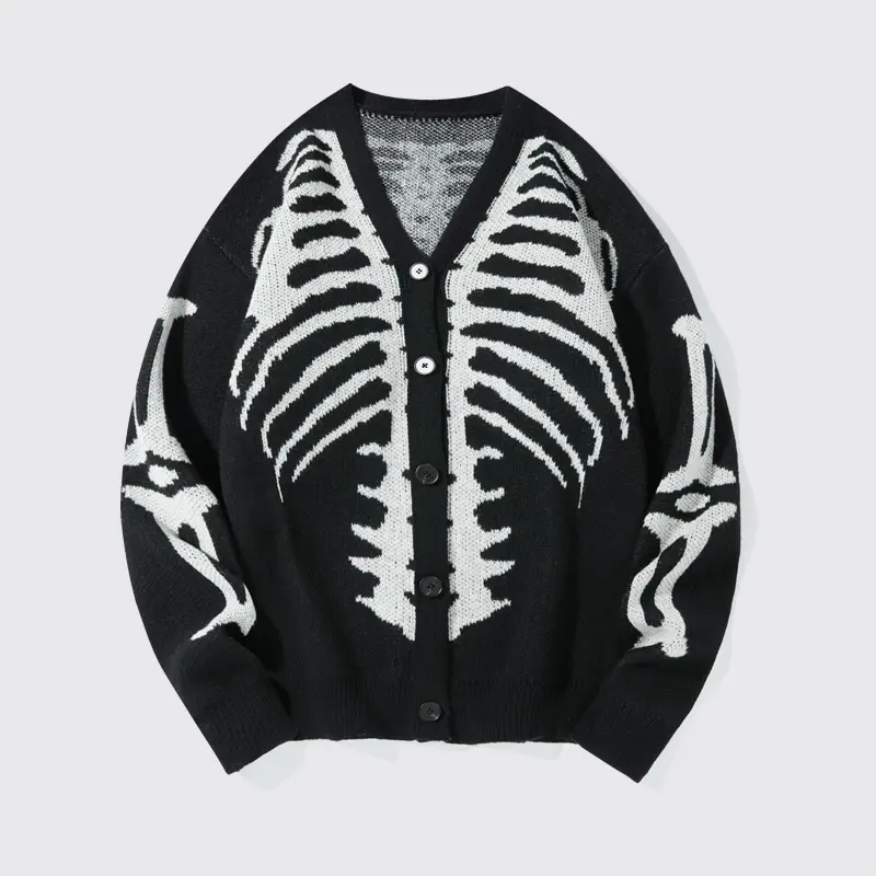Women's Skeleton Print Knit Cardigan V-Neck Drop-Shoulder Sweater for Casual Wear-Tactilefable