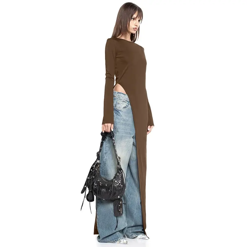 Women's Plain Asymmetrical Split Hem Slit Design Boat Neck Dress, Casual Long Sleeve Dress for Spring & Fall, Women's Clothing for Daily Wear Women's Plain Asymmetrical Split Hem Slit Design Boat Neck Dress, Casual Long Sleeve Dress for Spring & Fall, Women's Clothing for Daily Wear