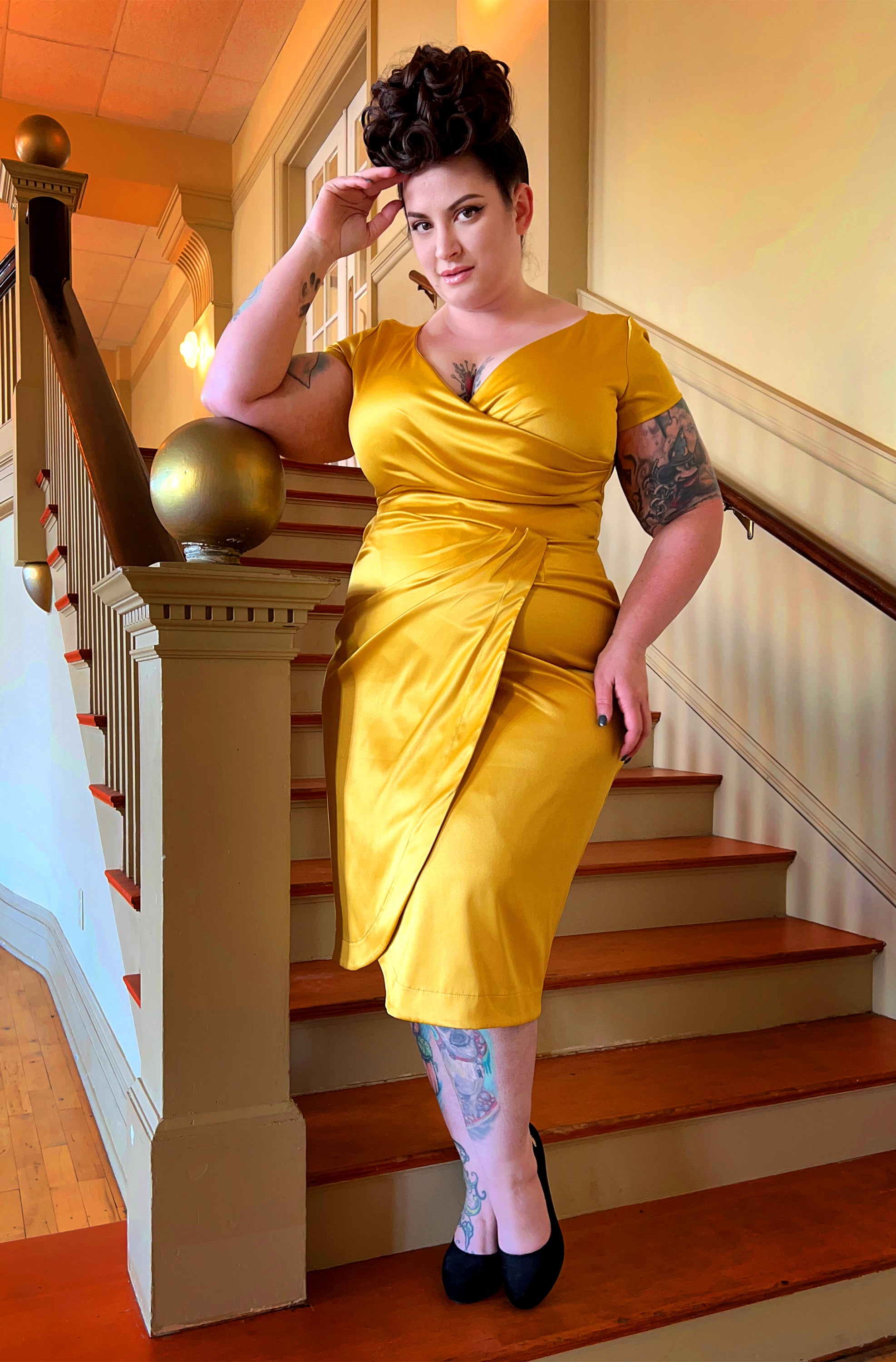 Ava Faux Wrap Wiggle Dress in Golden Mustard Satin | Pinup Couture-Tactilefable