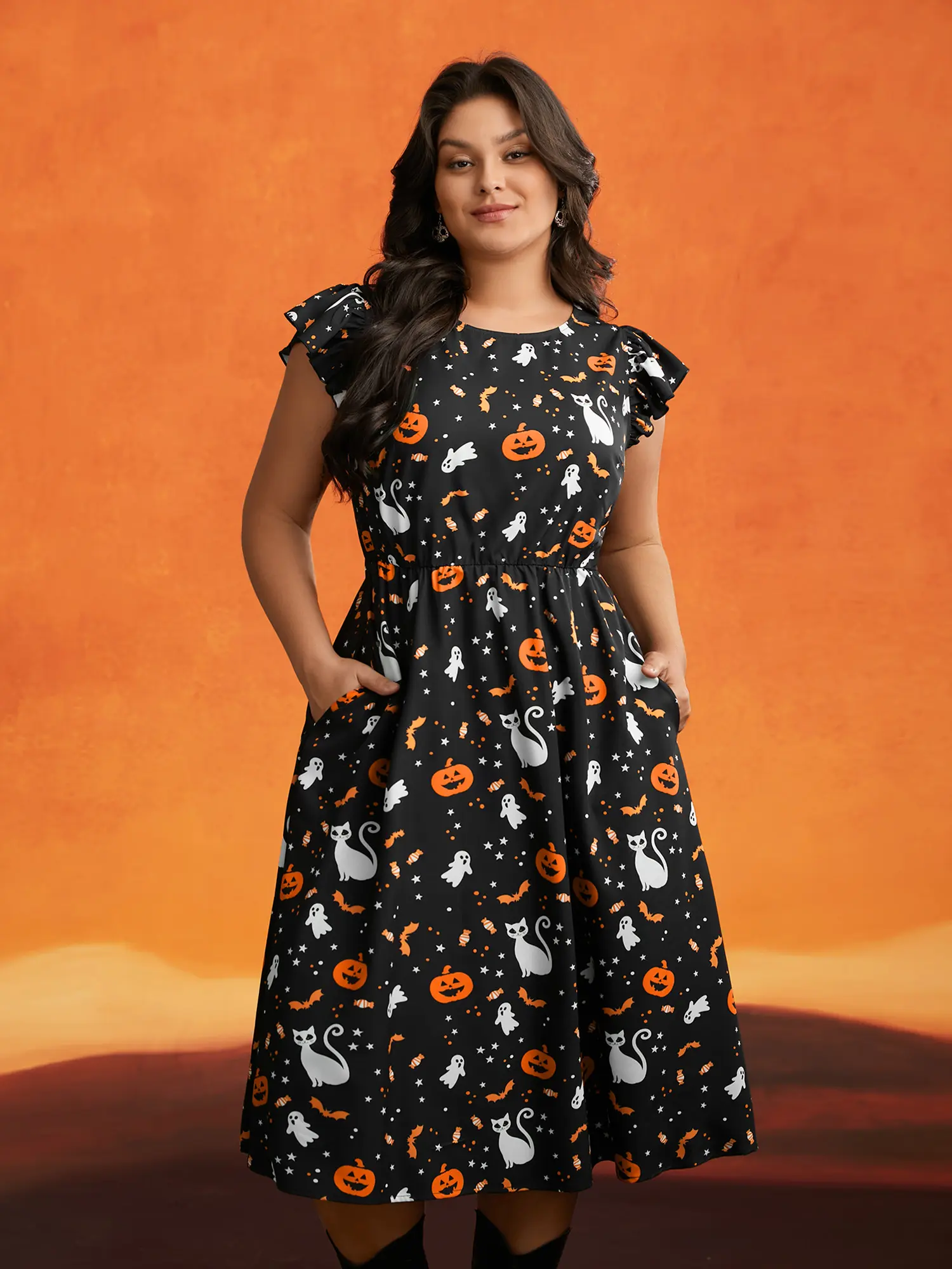 Pumpkin Printed Ruffle Sleeve Midi Dress for Women Casual Halloween-Tactilefable