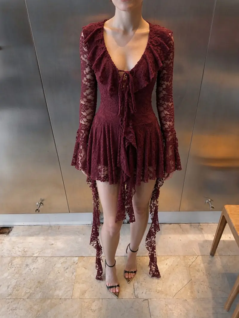 Women's Fashion Y2K Lace Bow Tie Flounce Sleeve Dress, Trendy Comfortable Long Sleeve, Stylish Ladies' Clothing Women's Fashion Y2K Lace Bow Tie Flounce Sleeve Dress, Trendy Comfortable Long Sleeve, Stylish Ladies' Clothing