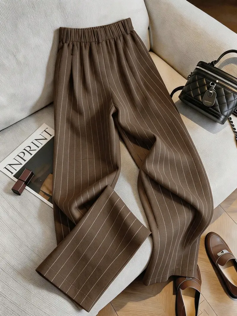 Women's Striped Suit Pants, High Waist Elastic Waist Conceal Hip Straight Leg Long Trousers, Business Casual Loose Fit for Work and Daily Wear