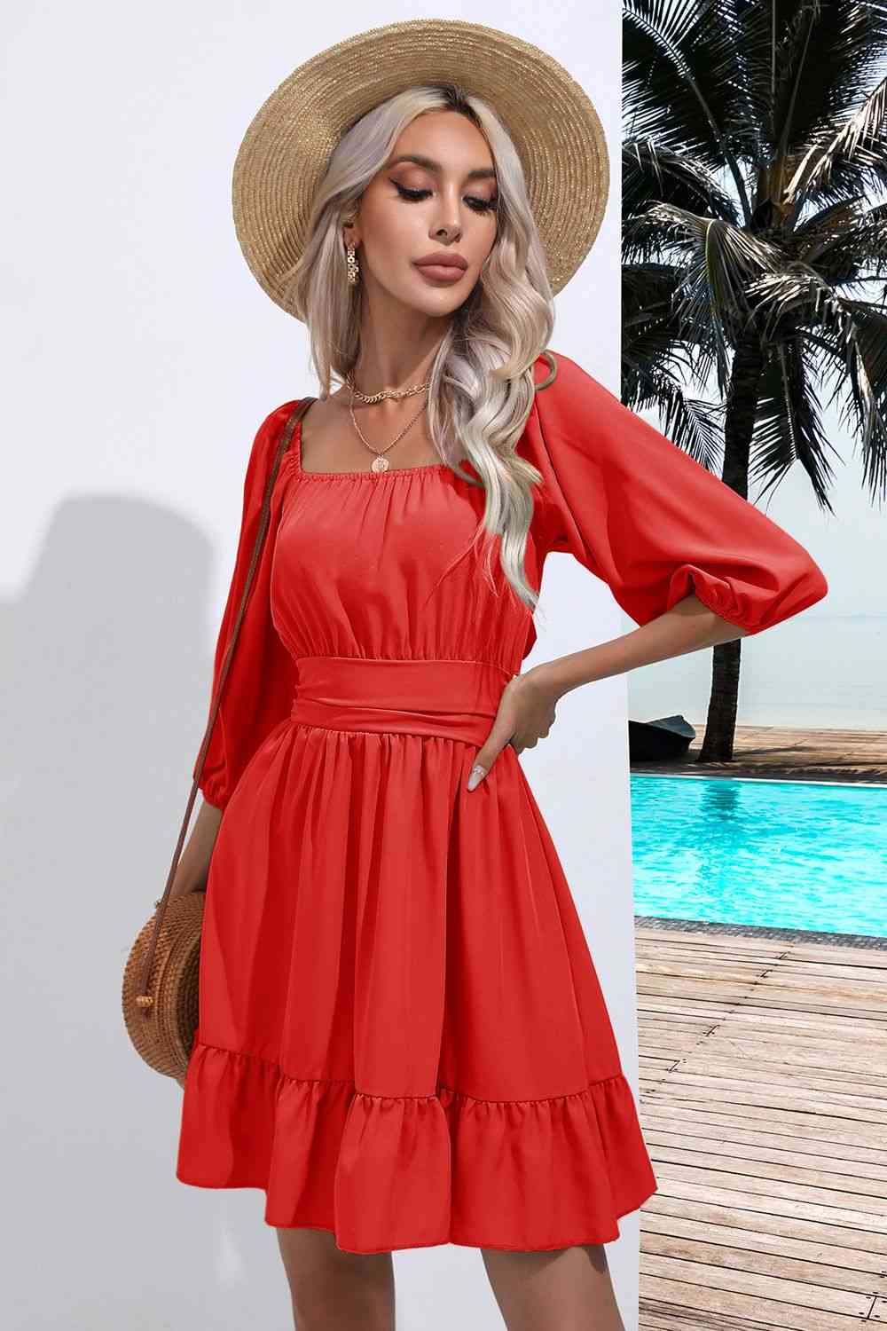 Sofia Square Neck Tie Back Ruffle Hem Mini Peasant Dress | 5 Colors | Poundton-Tactilefable