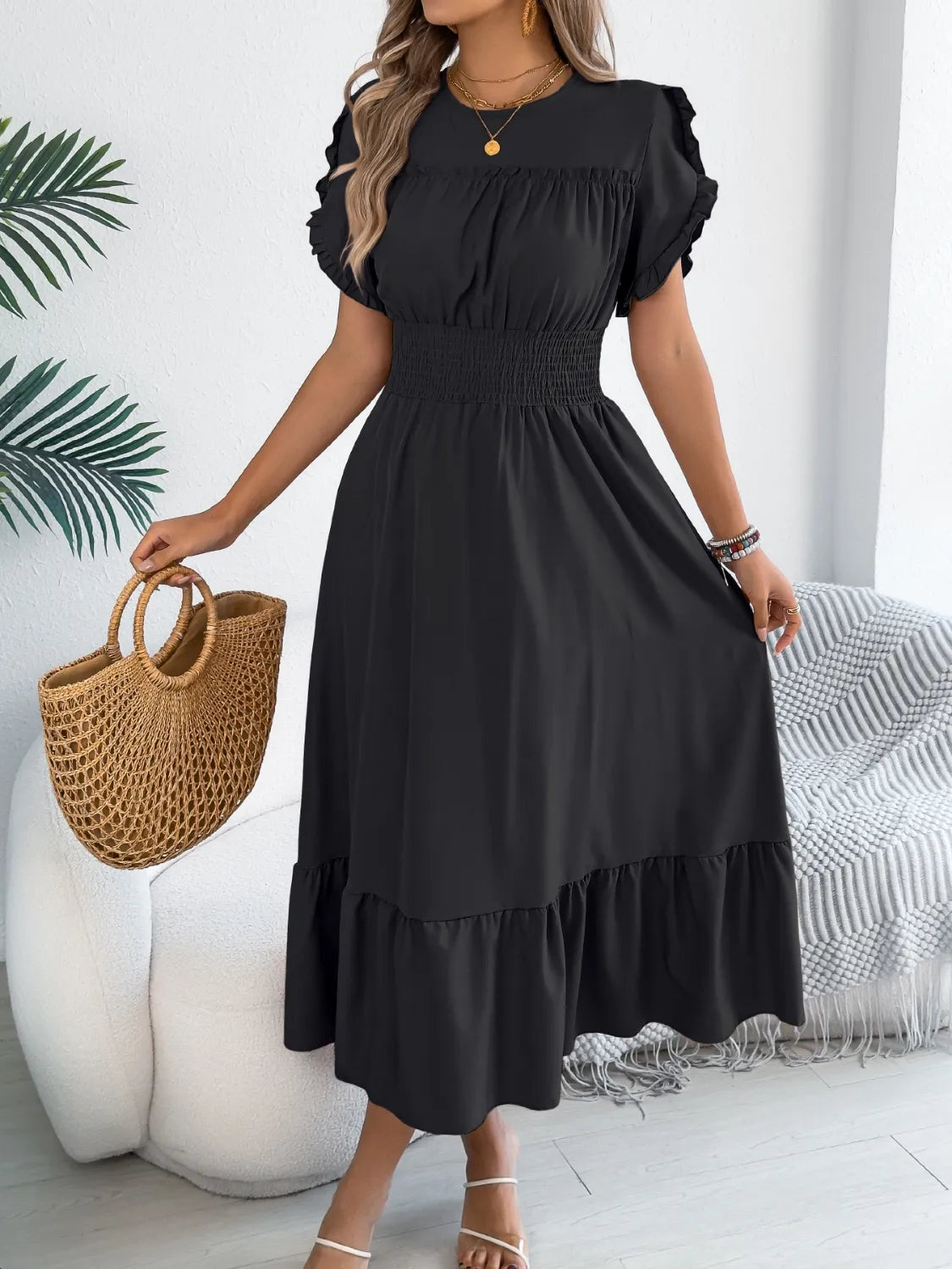 Frill Neck Midi Dress | 3 Colors | Poundton-Tactilefable