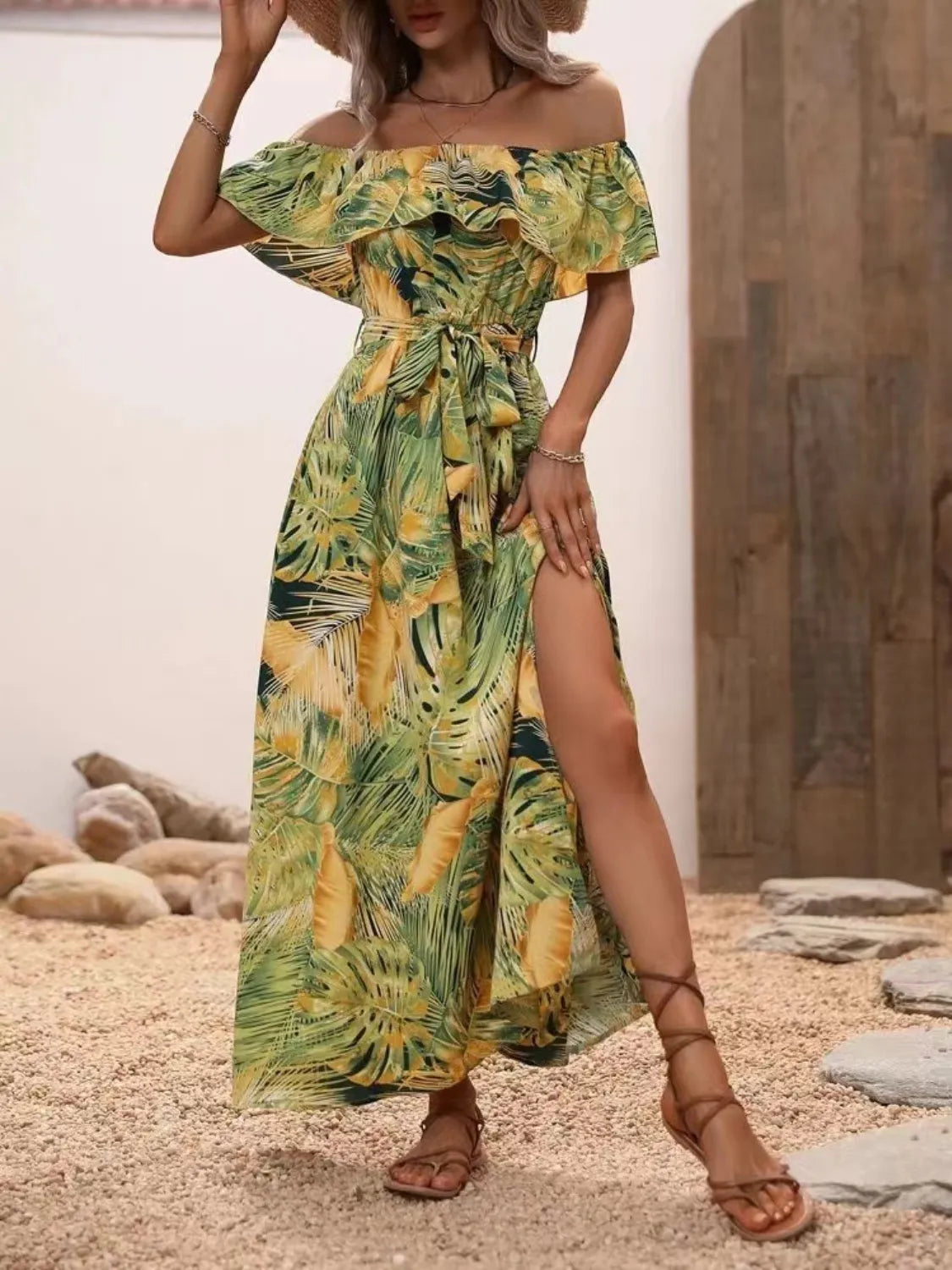 Moonlit Ruffled Printed Off Shoulder Maxi Dress | 4 colors | Poundton-Tactilefable
