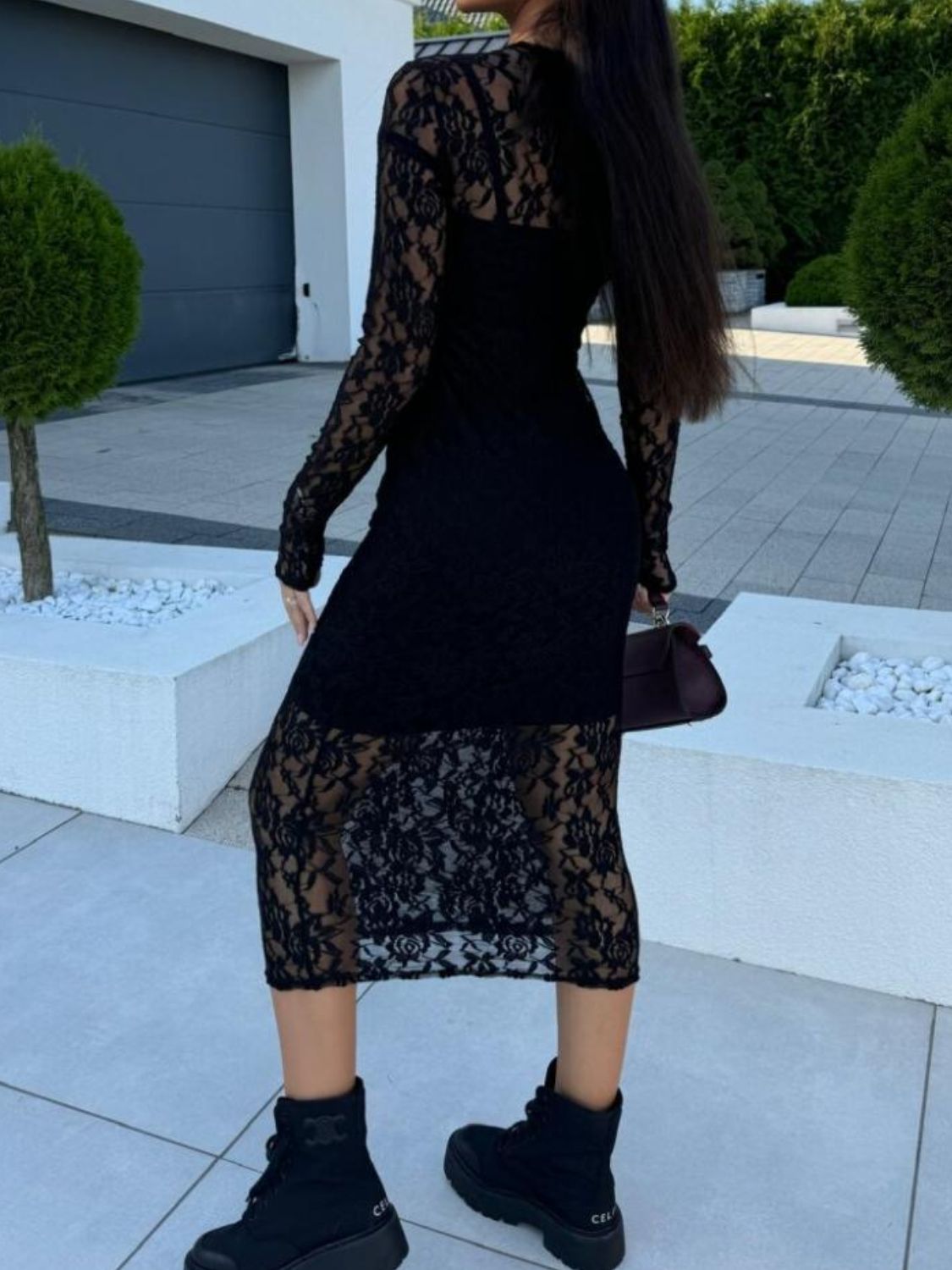 Lace Round Neck Long Sleeve Midi Dress | Poundton-Tactilefable