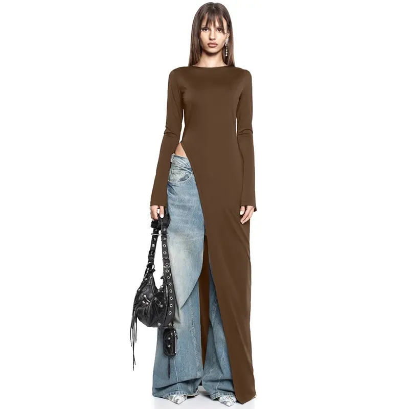 Women's Plain Asymmetrical Split Hem Slit Design Boat Neck Dress, Casual Long Sleeve Dress for Spring & Fall, Women's Clothing for Daily Wear Women's Plain Asymmetrical Split Hem Slit Design Boat Neck Dress, Casual Long Sleeve Dress for Spring & Fall, Women's Clothing for Daily Wear