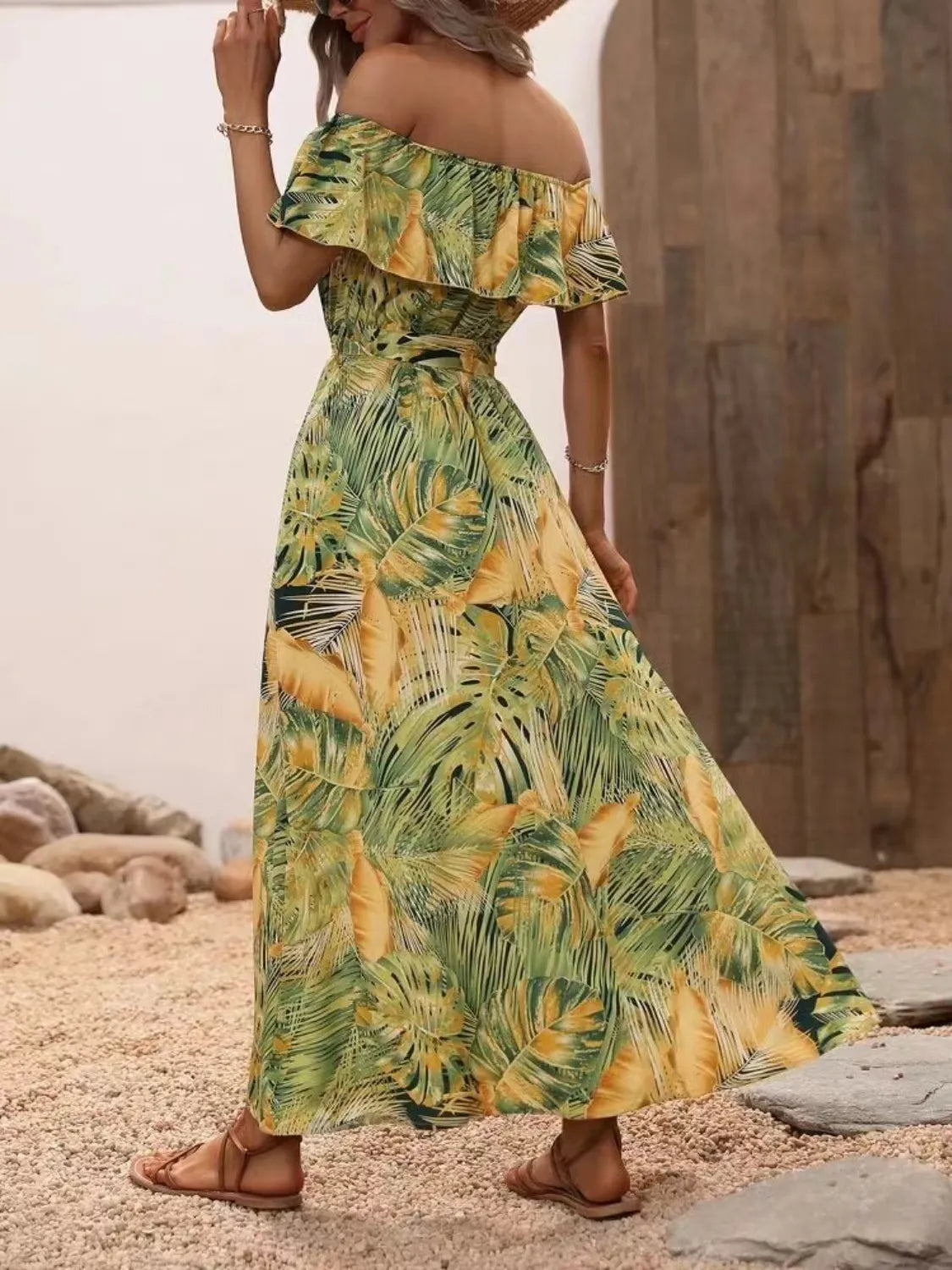 Moonlit Ruffled Printed Off Shoulder Maxi Dress | 4 colors | Poundton-Tactilefable