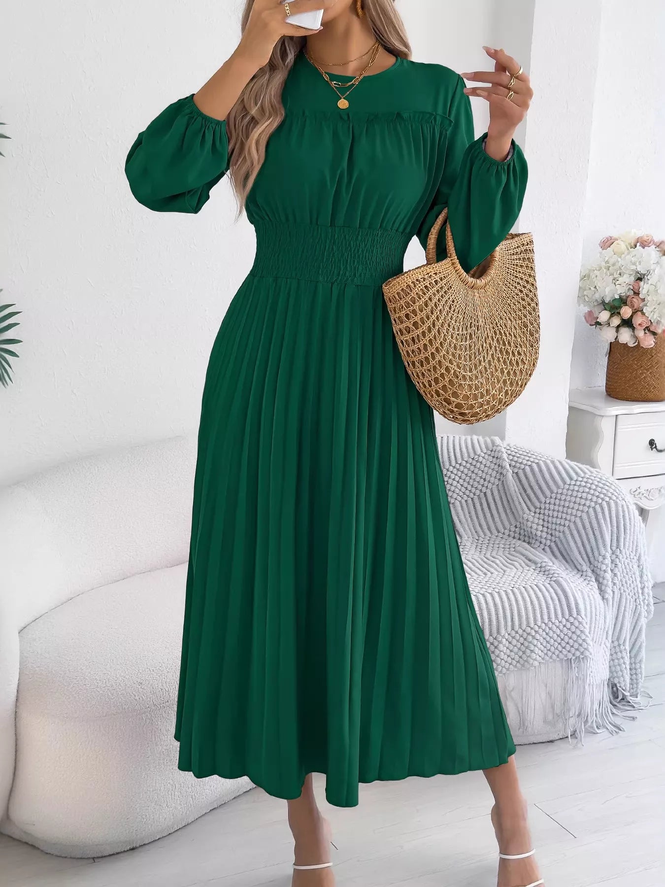 Pleated Waist-Defined Midi Dress | 3 Colors | Poundton-Tactilefable