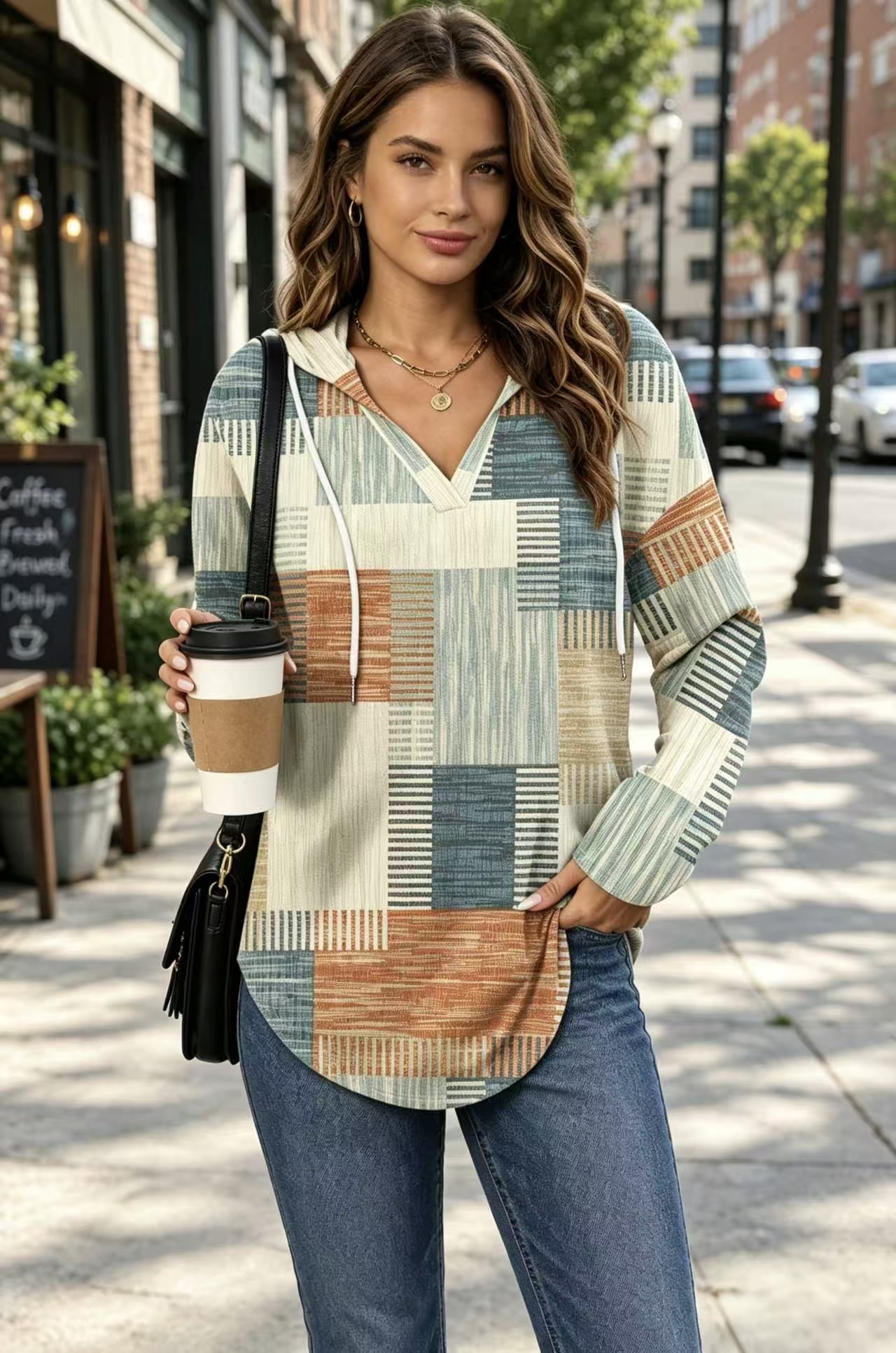 Women Plaid Hooded Long Sleeve Tunic Top, V Neck Drawstring Loose Casual Blouse-Tactilefable